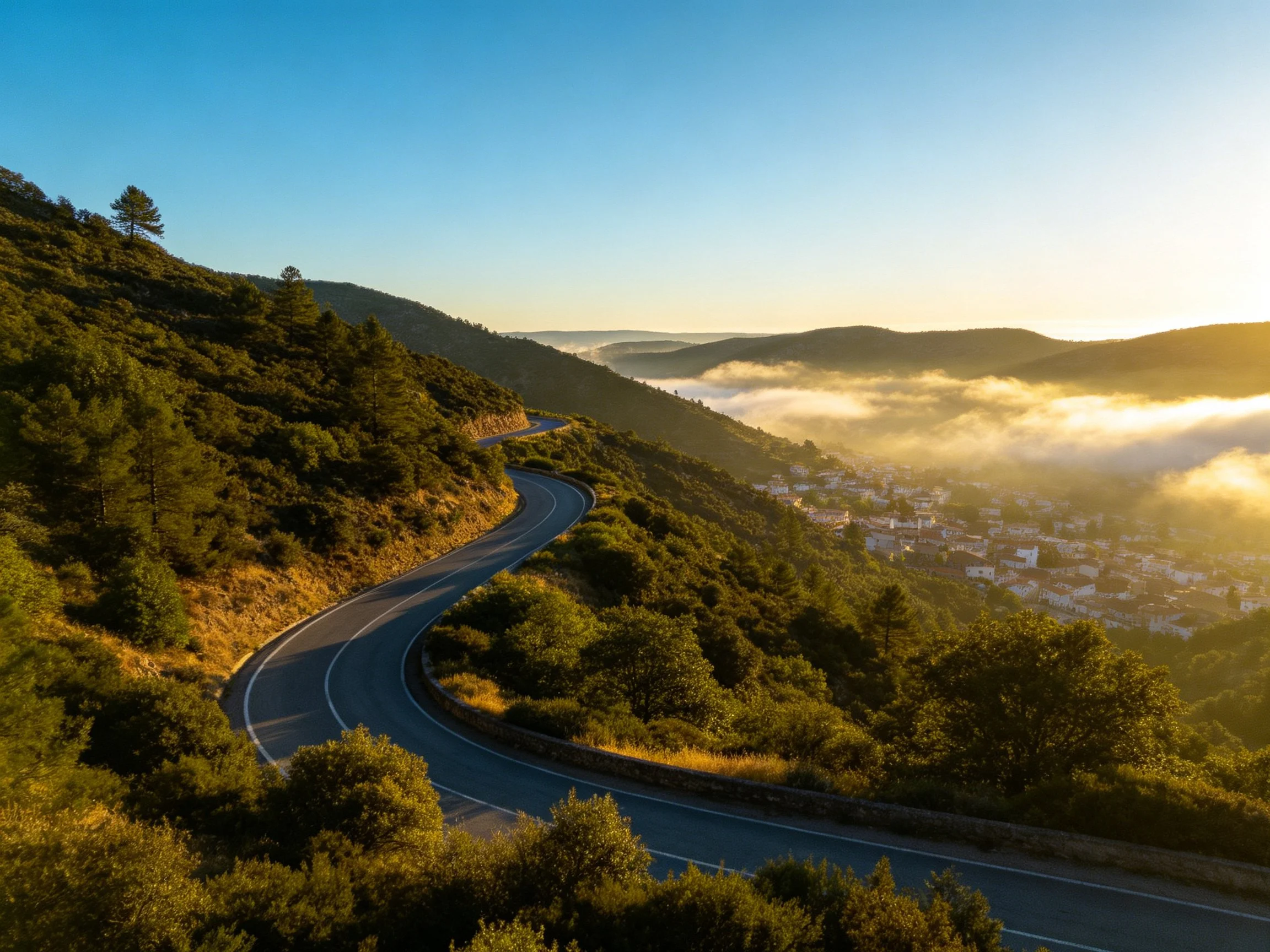 Winding mountain road through lush green hills, foggy valley town below