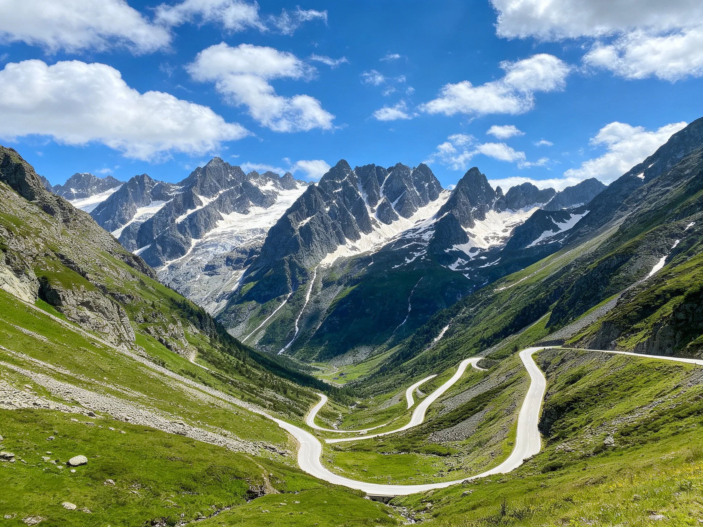 Winding mountain road through lush valley with snow-capped peaks