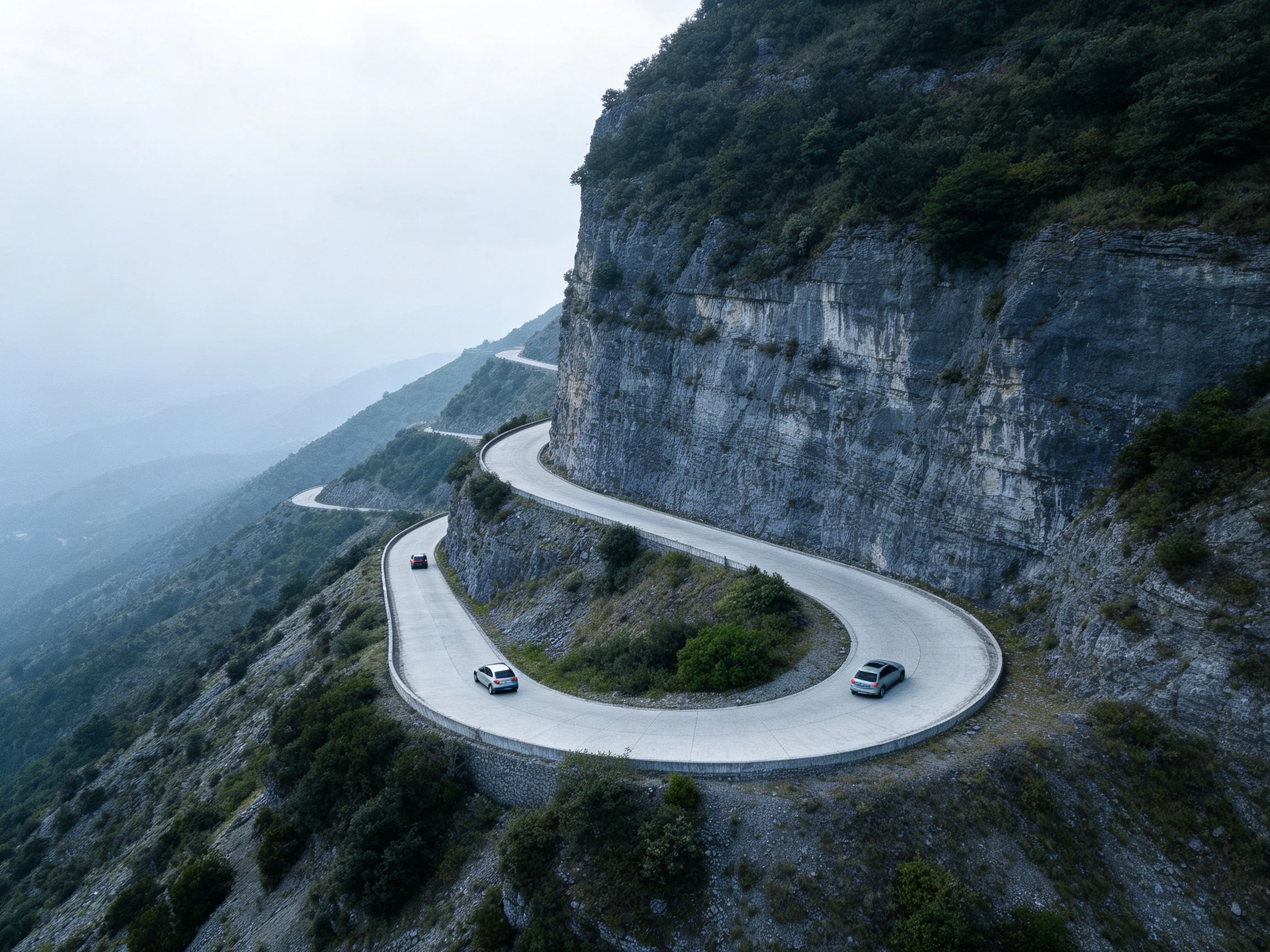 Winding mountain road with vehicles travels along steep rocky cliffs