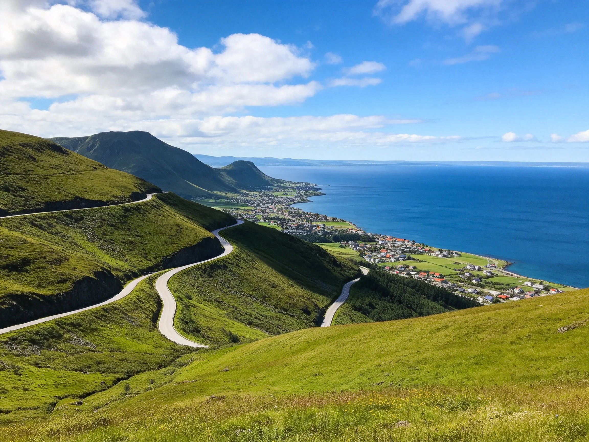 Winding mountain roads overlook coastal town near deep blue ocean
