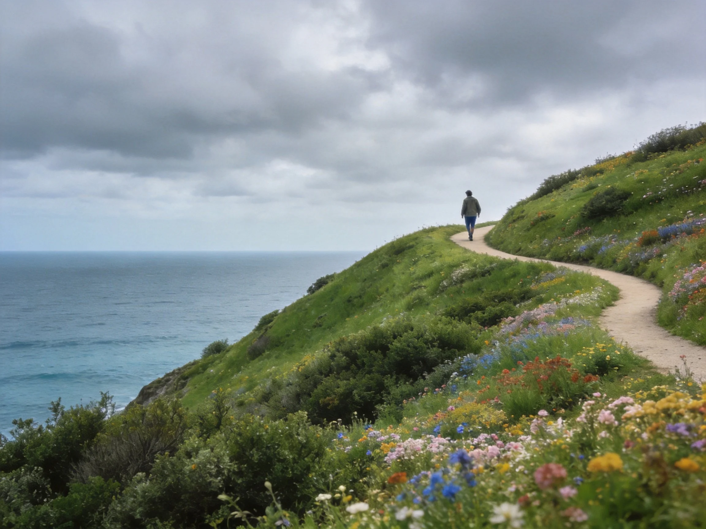 Winding path on flowered coastal hillside under stormy sky