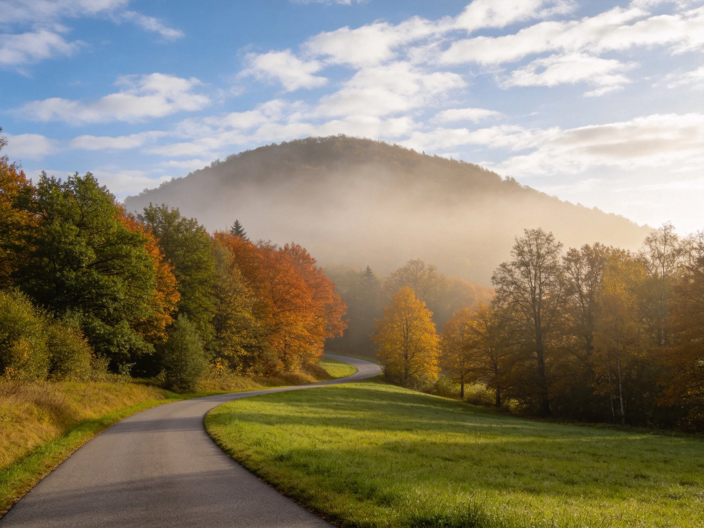 Winding path through autumn woods near a mist-shrouded hill