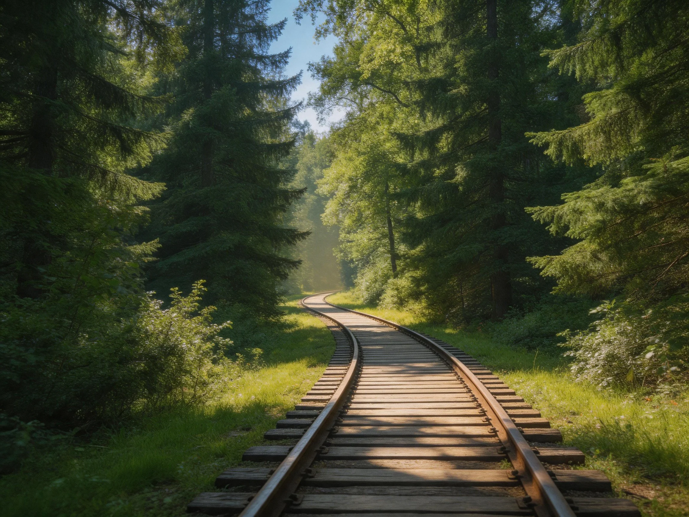 Winding railroad track surrounded by lush green forest