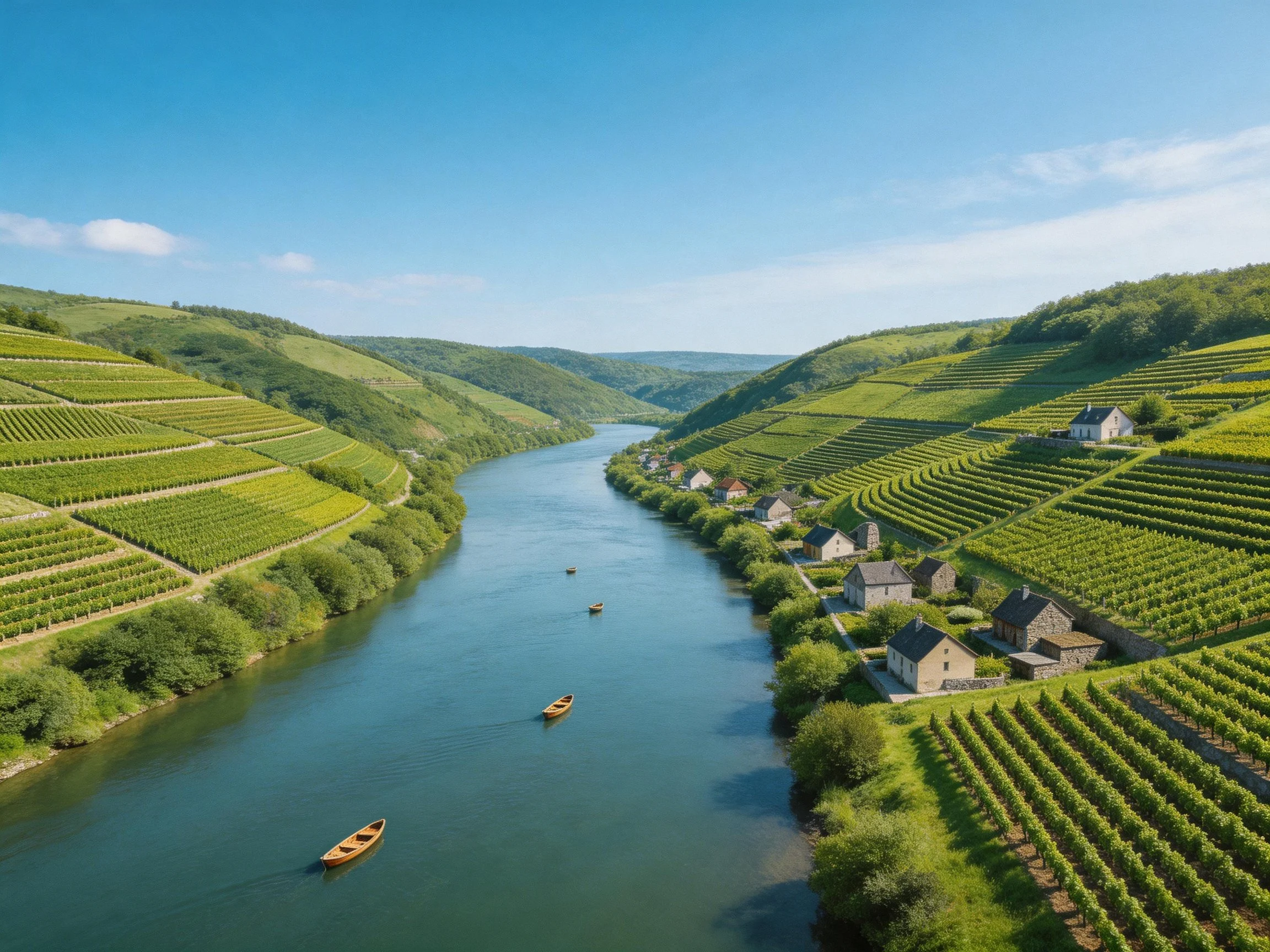 Winding river bordered by terraced vineyard hills and villages