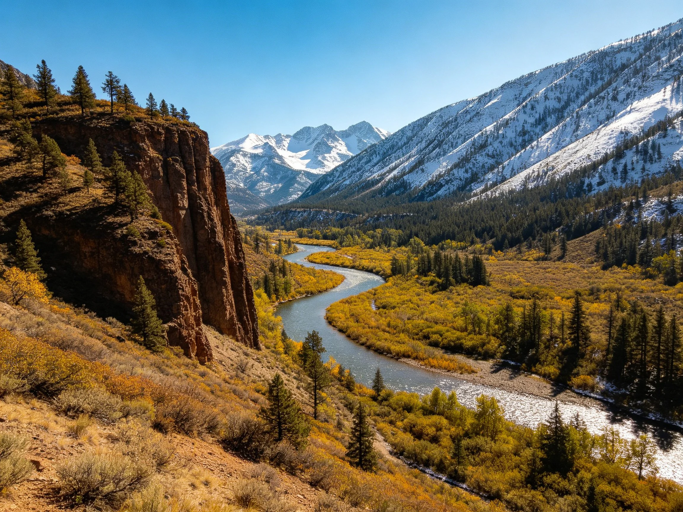 Winding river flows through autumn valley with snow-capped mountains