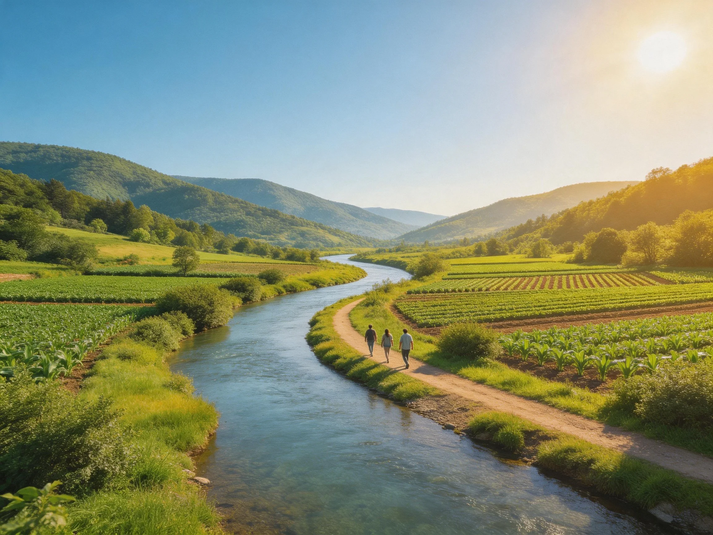 Winding river flows through lush farmland and rolling green hills