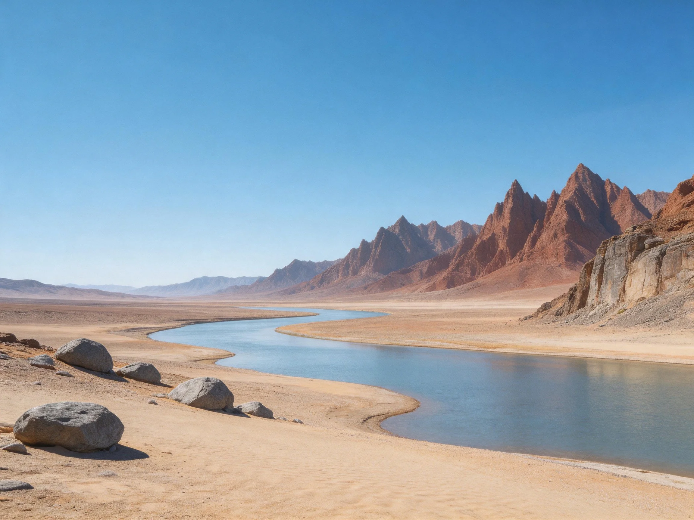 Winding river flows through sandy desert near reddish-brown mountain peaks