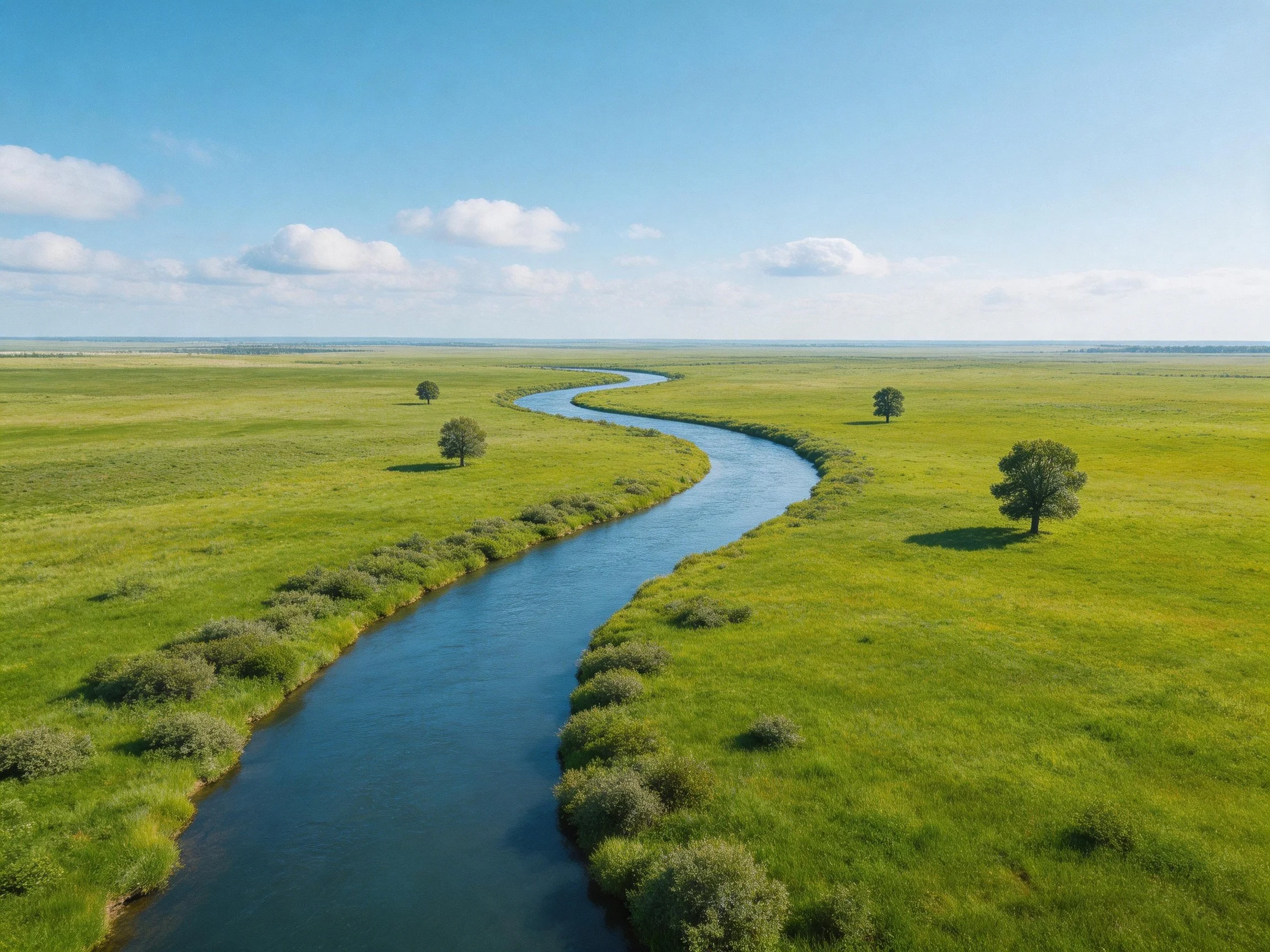 Winding river flows through vast green plains with scattered trees
