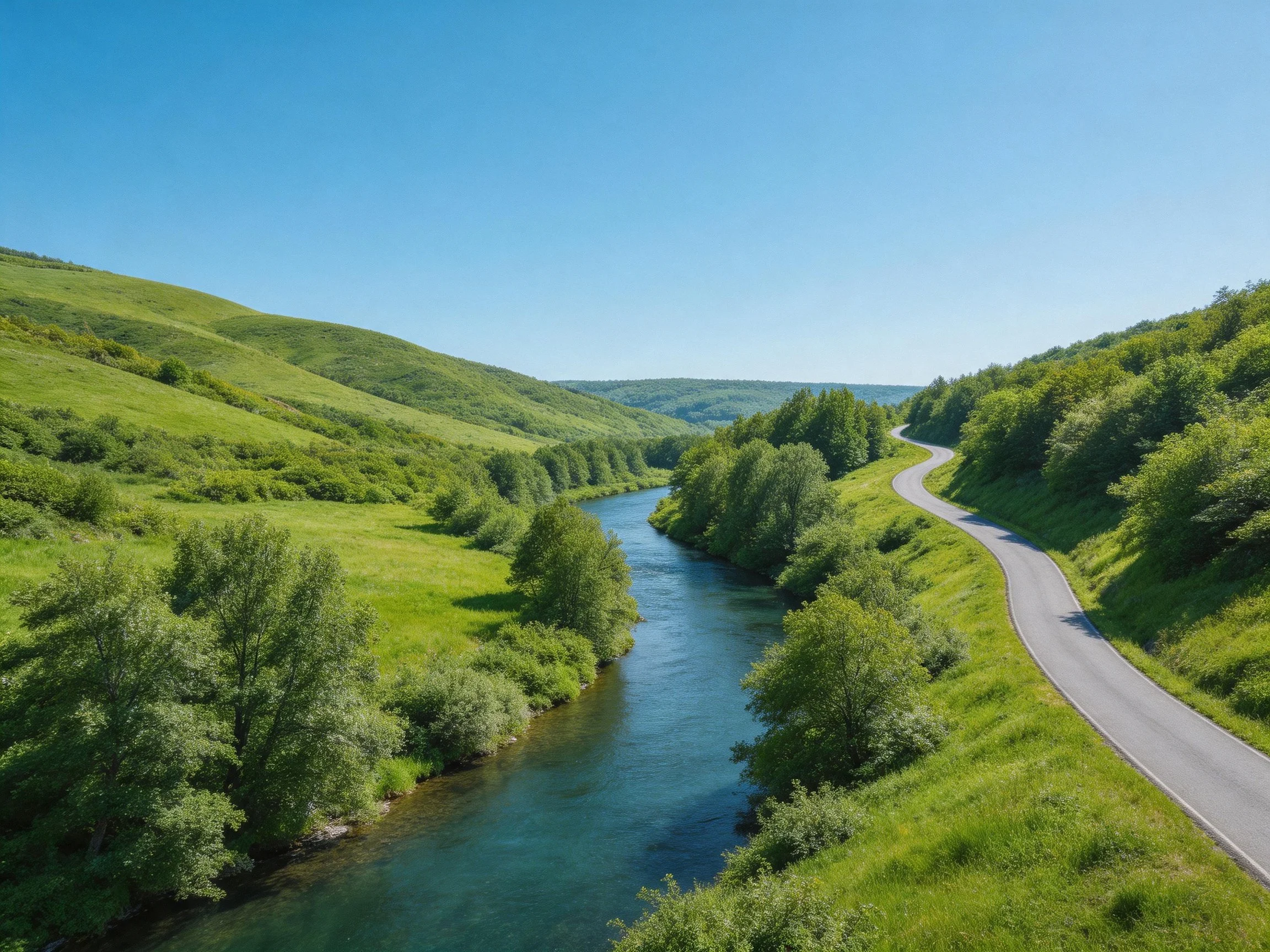 Winding road beside a clear blue river through green hills