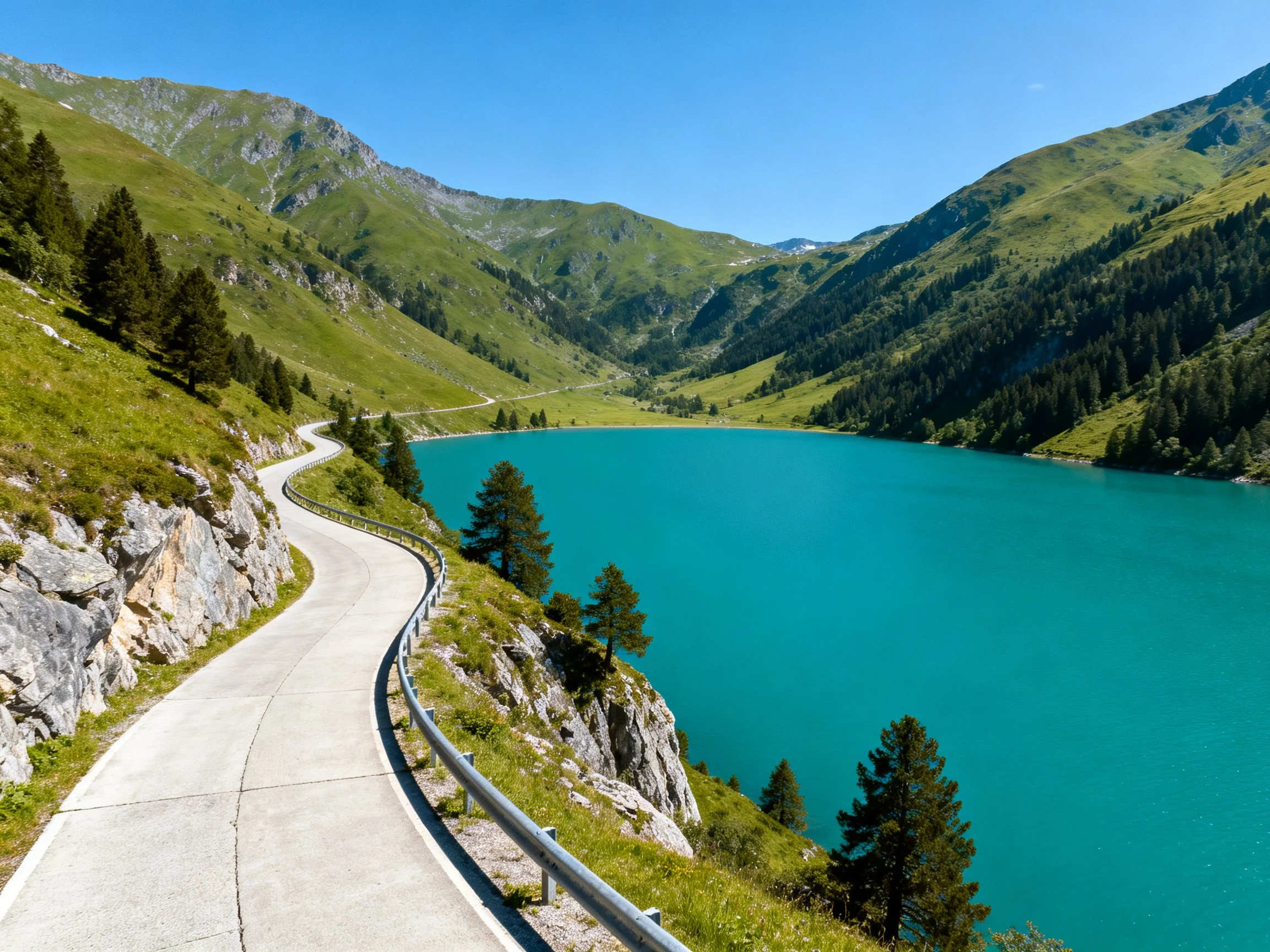 Winding road beside vibrant turquoise mountain lake with lush green slopes