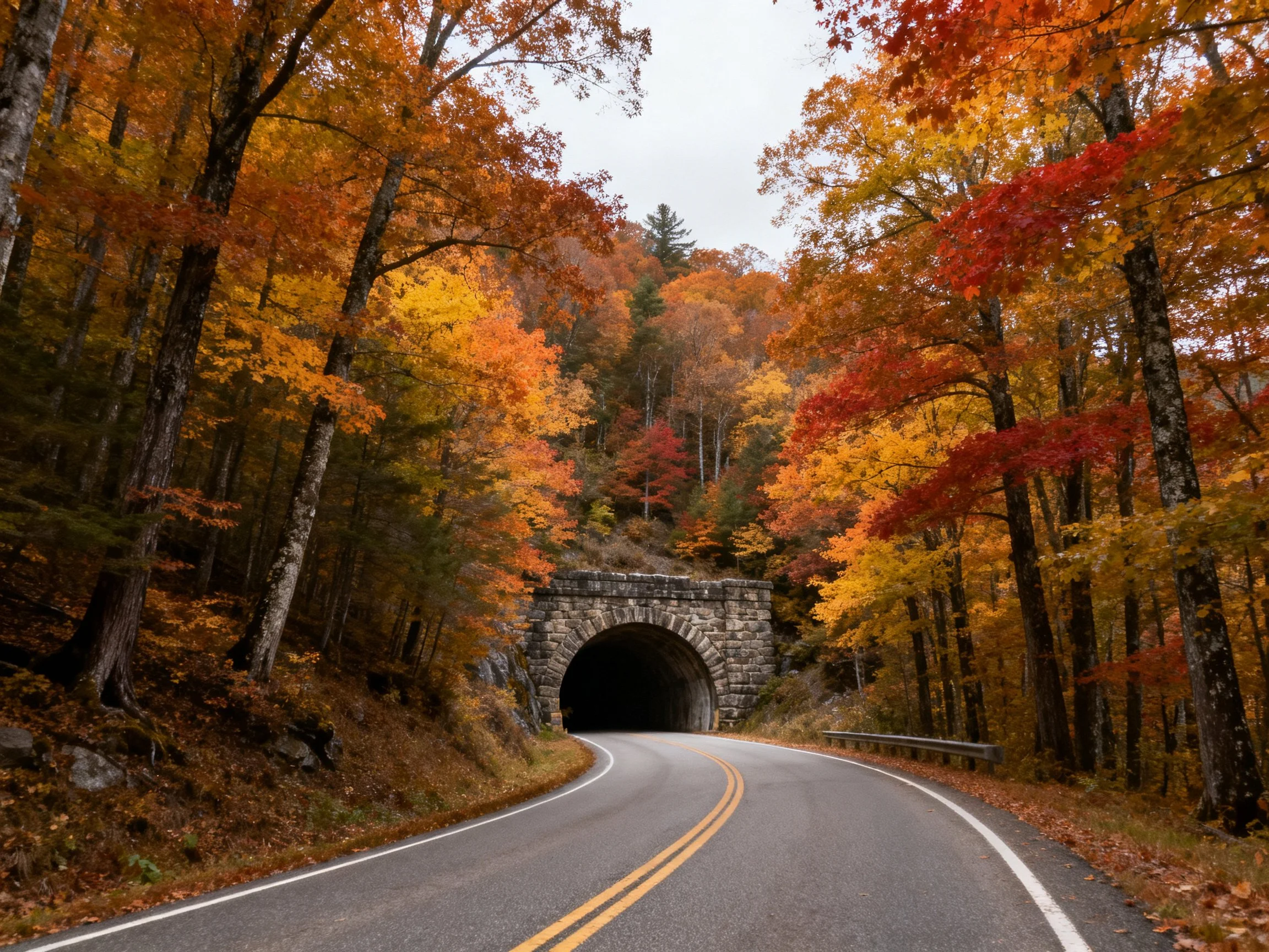 Winding road leads into stone tunnel among autumn-colored trees