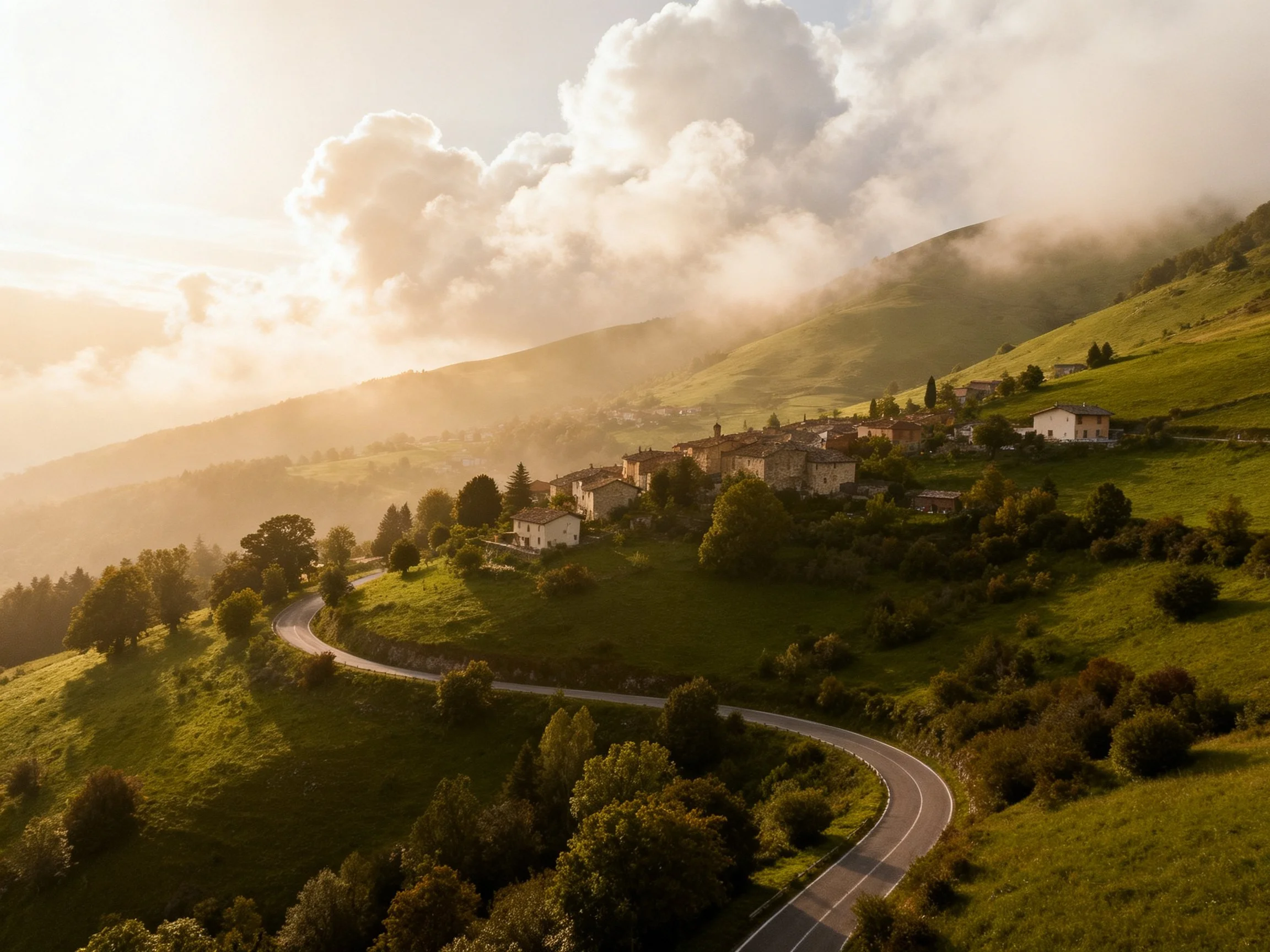 Winding road leads to a hillside village among green mountains