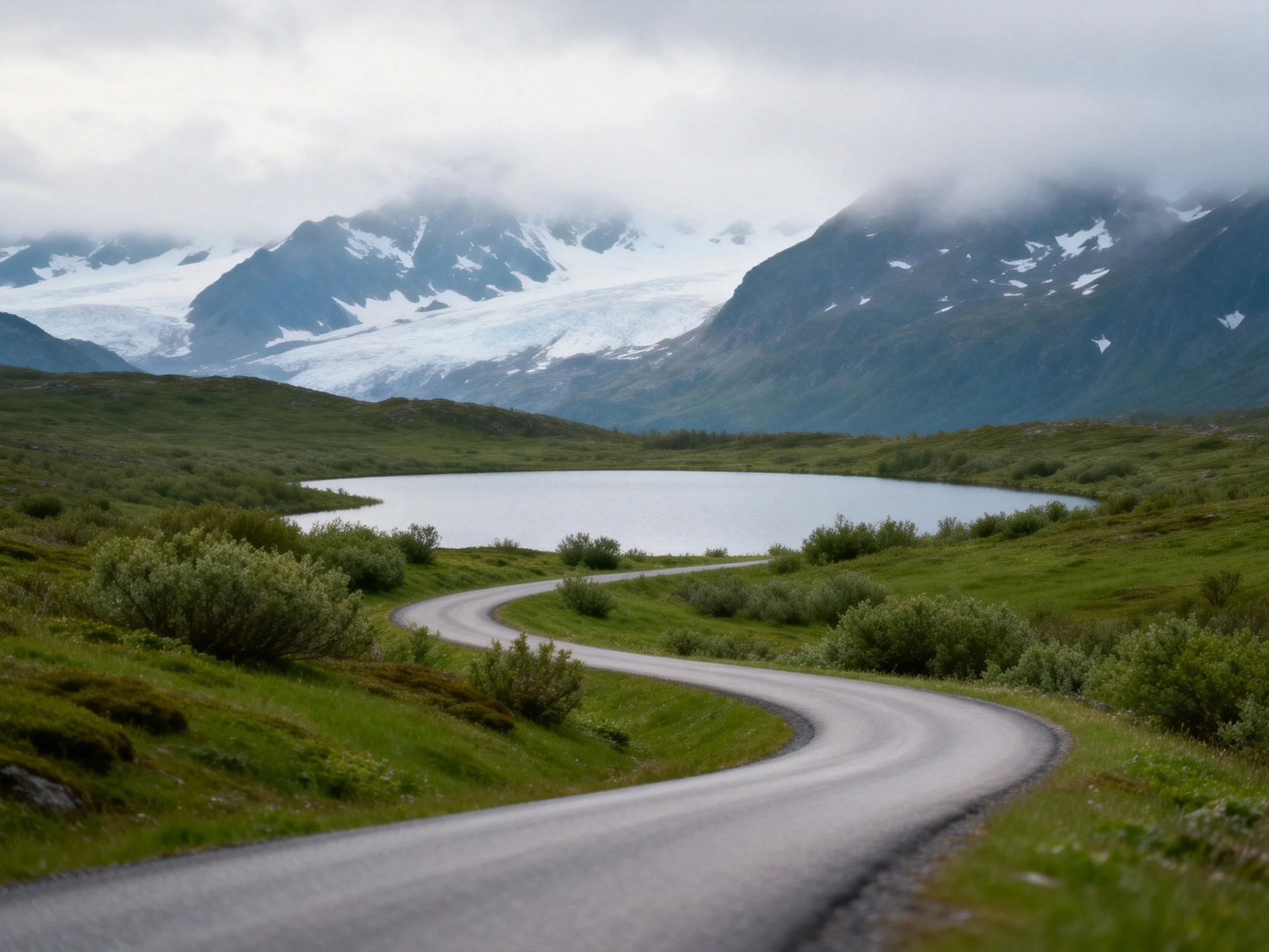 Winding road near glacial lake with misty mountain backdrop