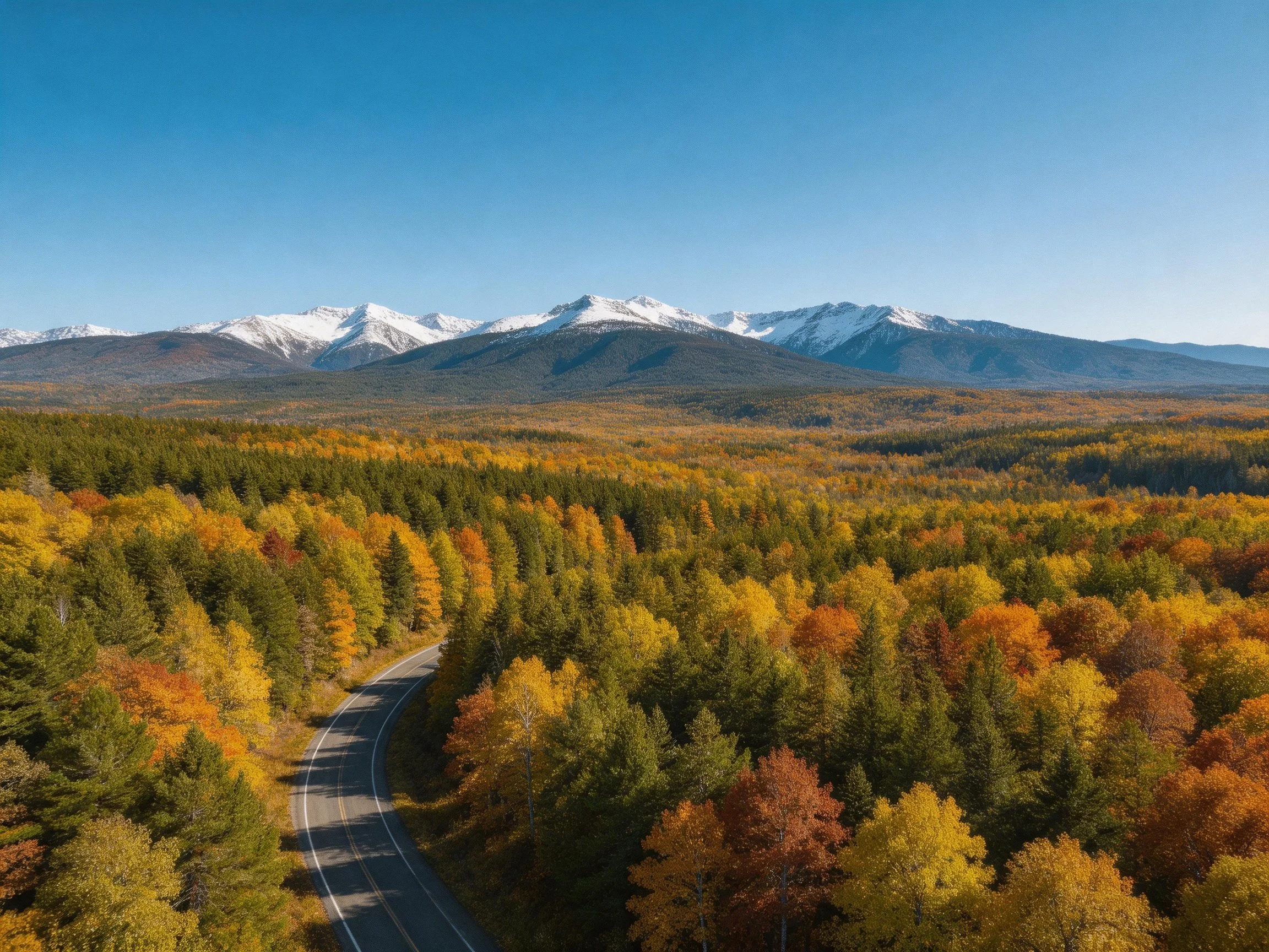 Winding road through autumn forest toward snow-capped mountains