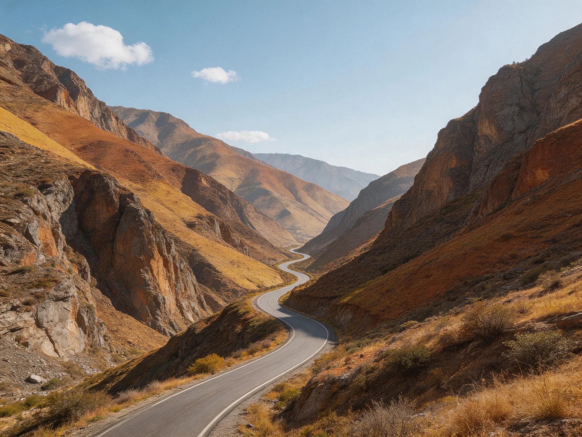 Winding road through earth-toned mountain canyons under clear blue skies