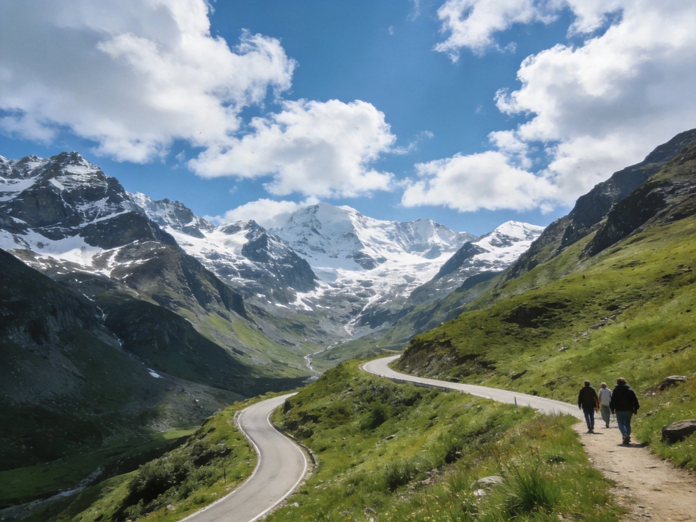 Winding road through green valley near snow - capped mountains under blue sky