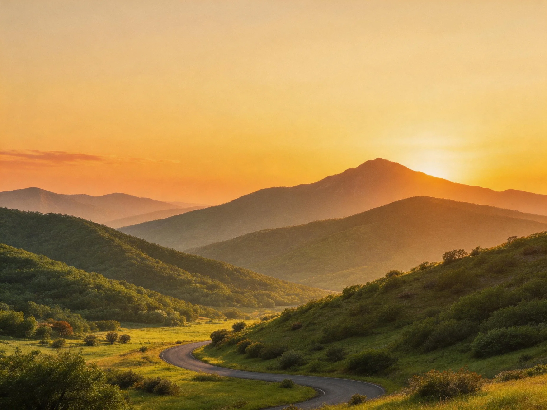 Winding road through lush green hills at golden sunset