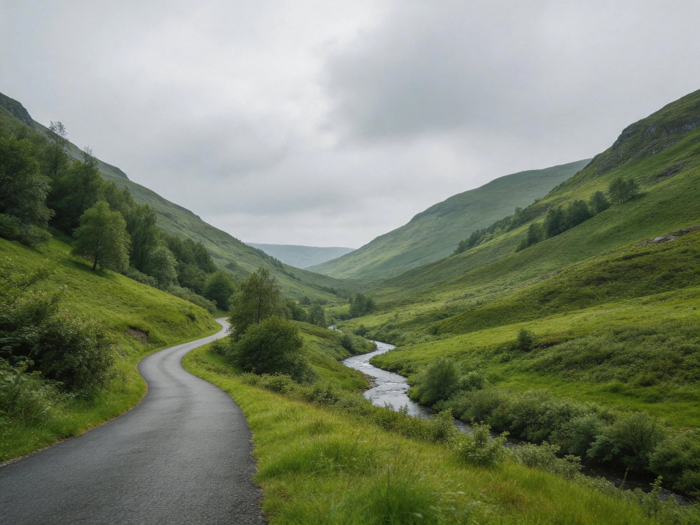 Winding road through lush green hills beside a stream