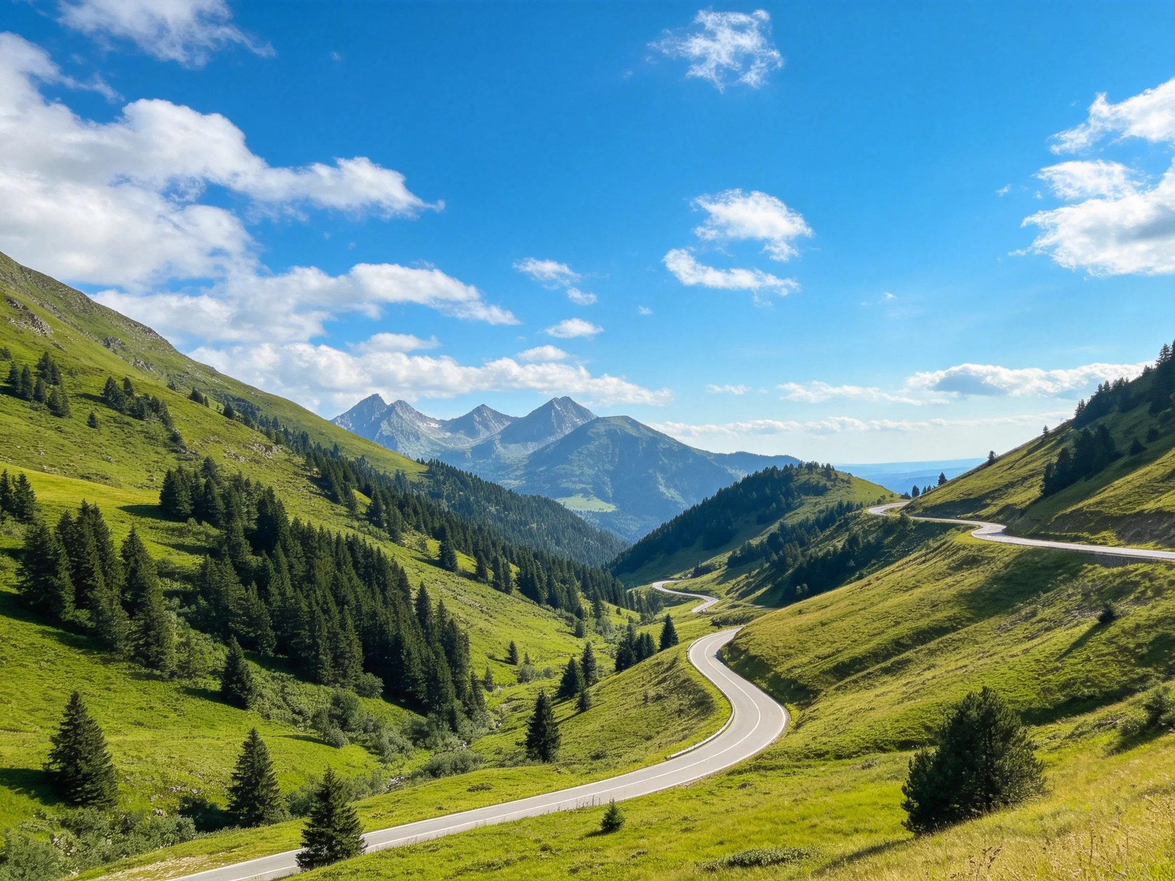 Winding road through lush green mountain valleys