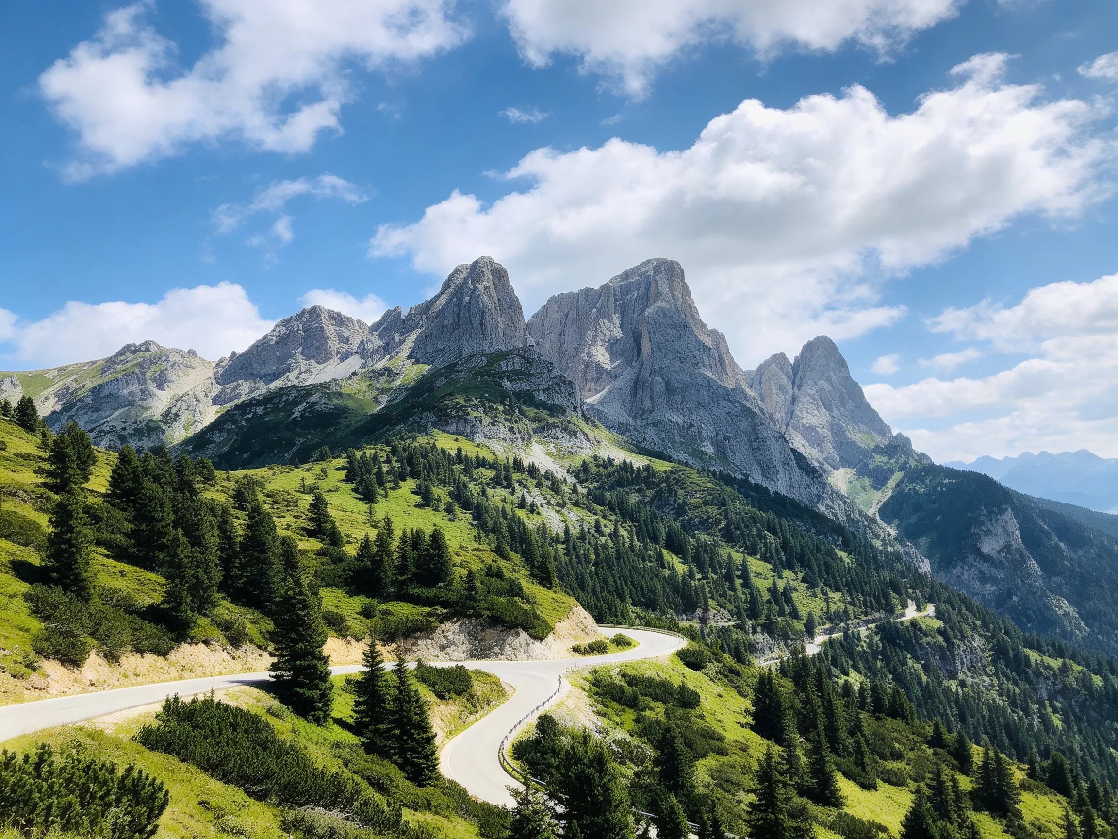 Winding road through majestic mountain peaks with forested slopes