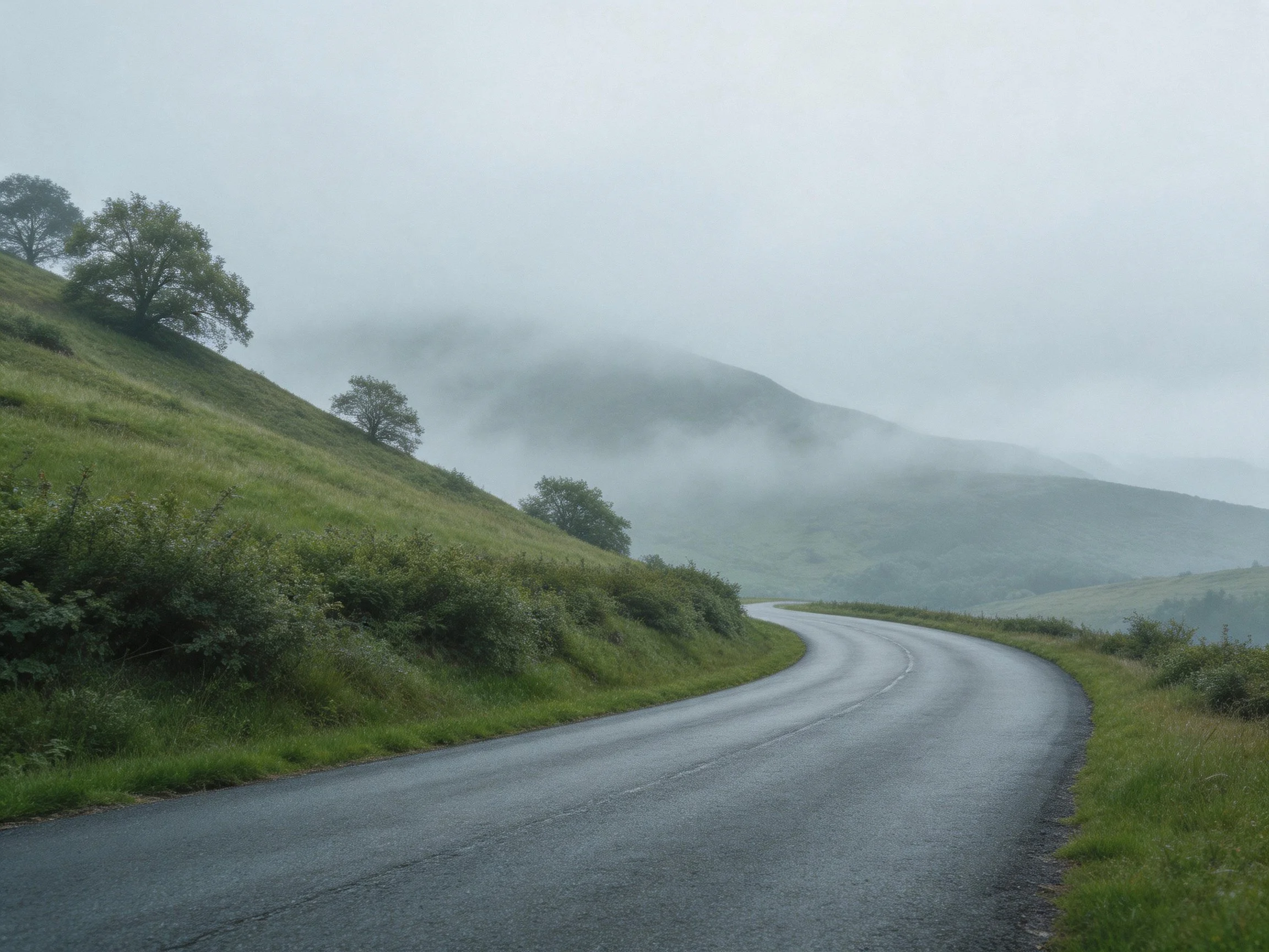 Winding road through misty green hills and mountains