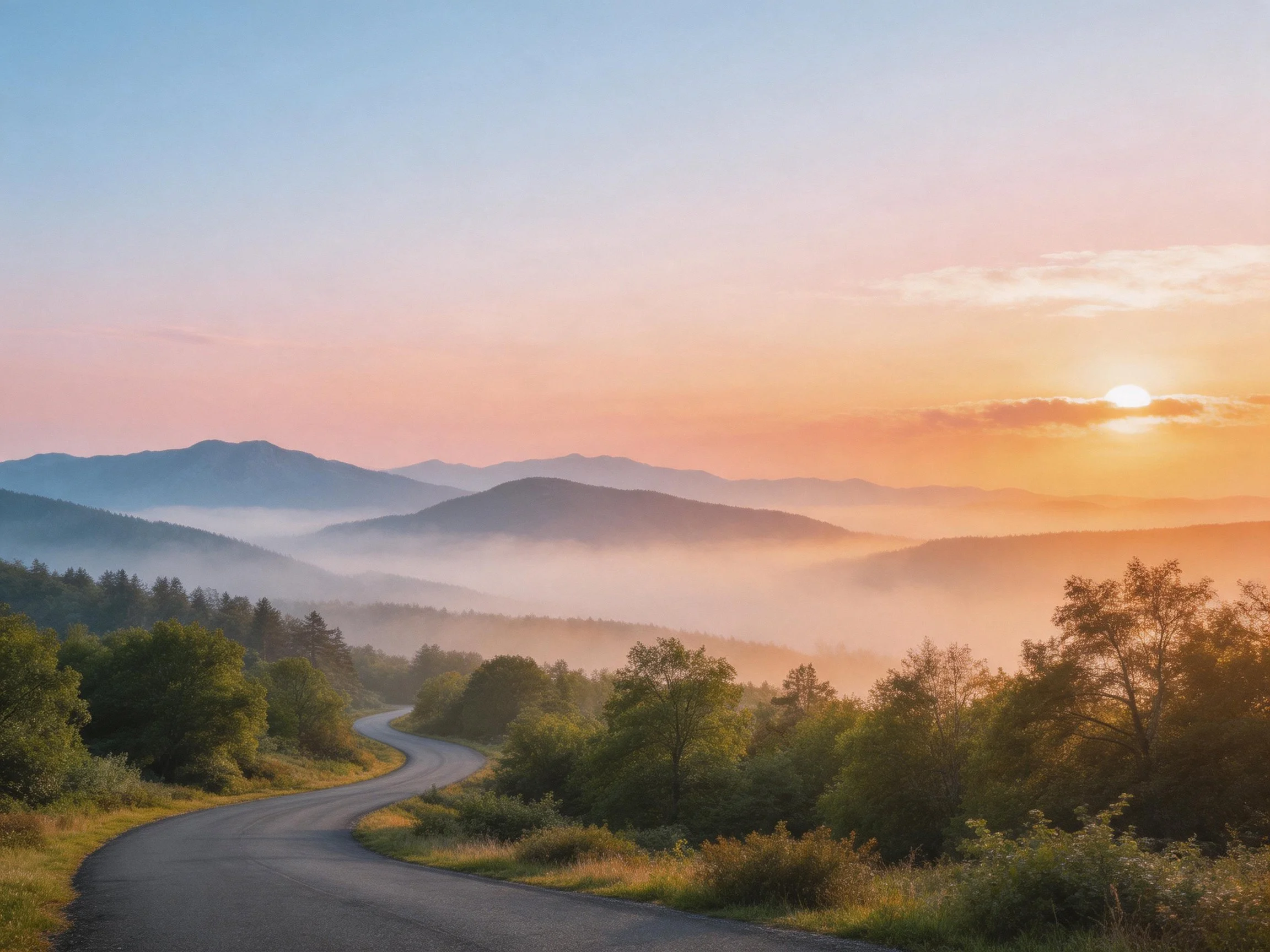 Winding road through misty mountain valleys at sunrise