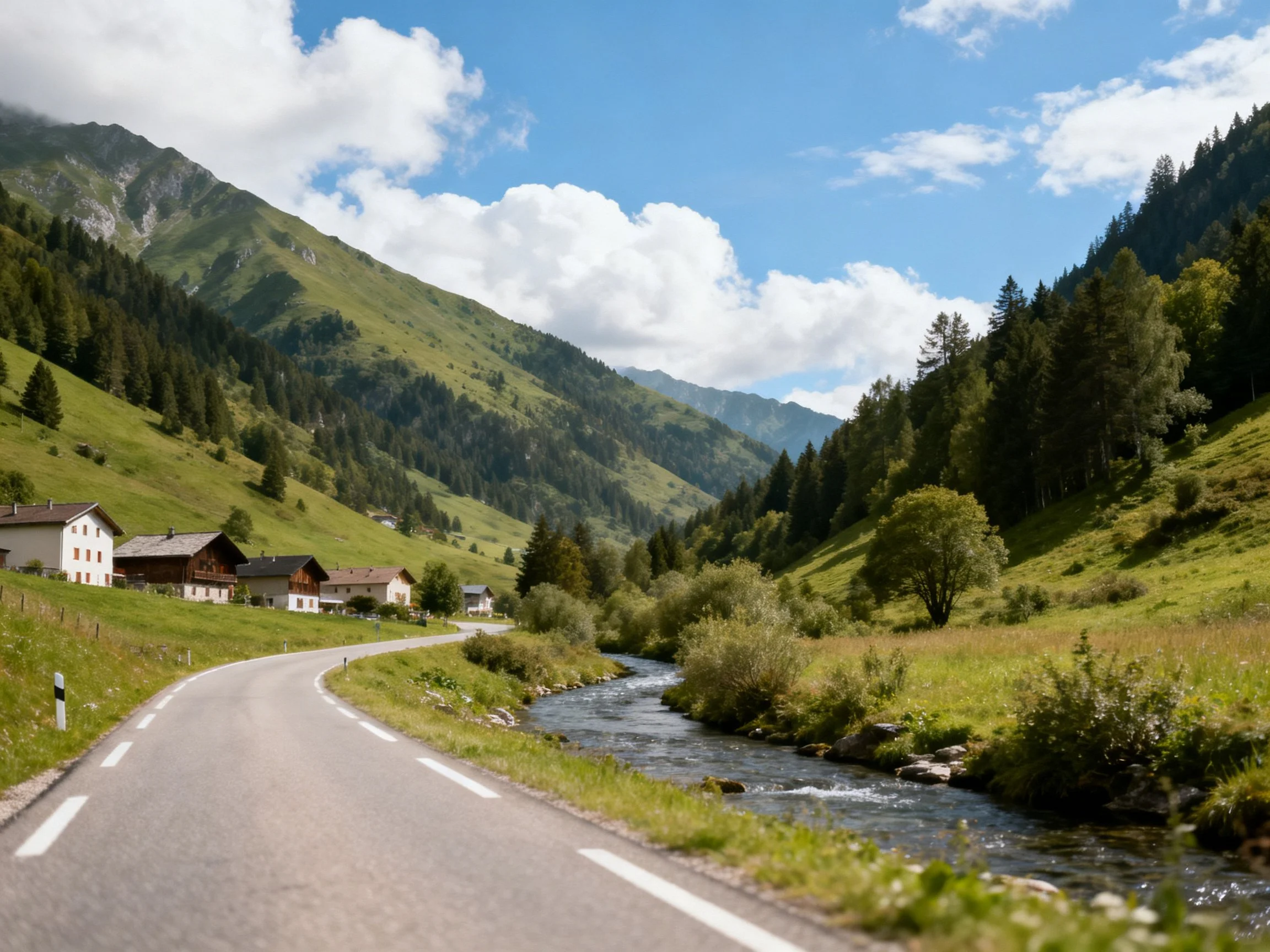 Winding road through mountain valley with houses and lush green hills