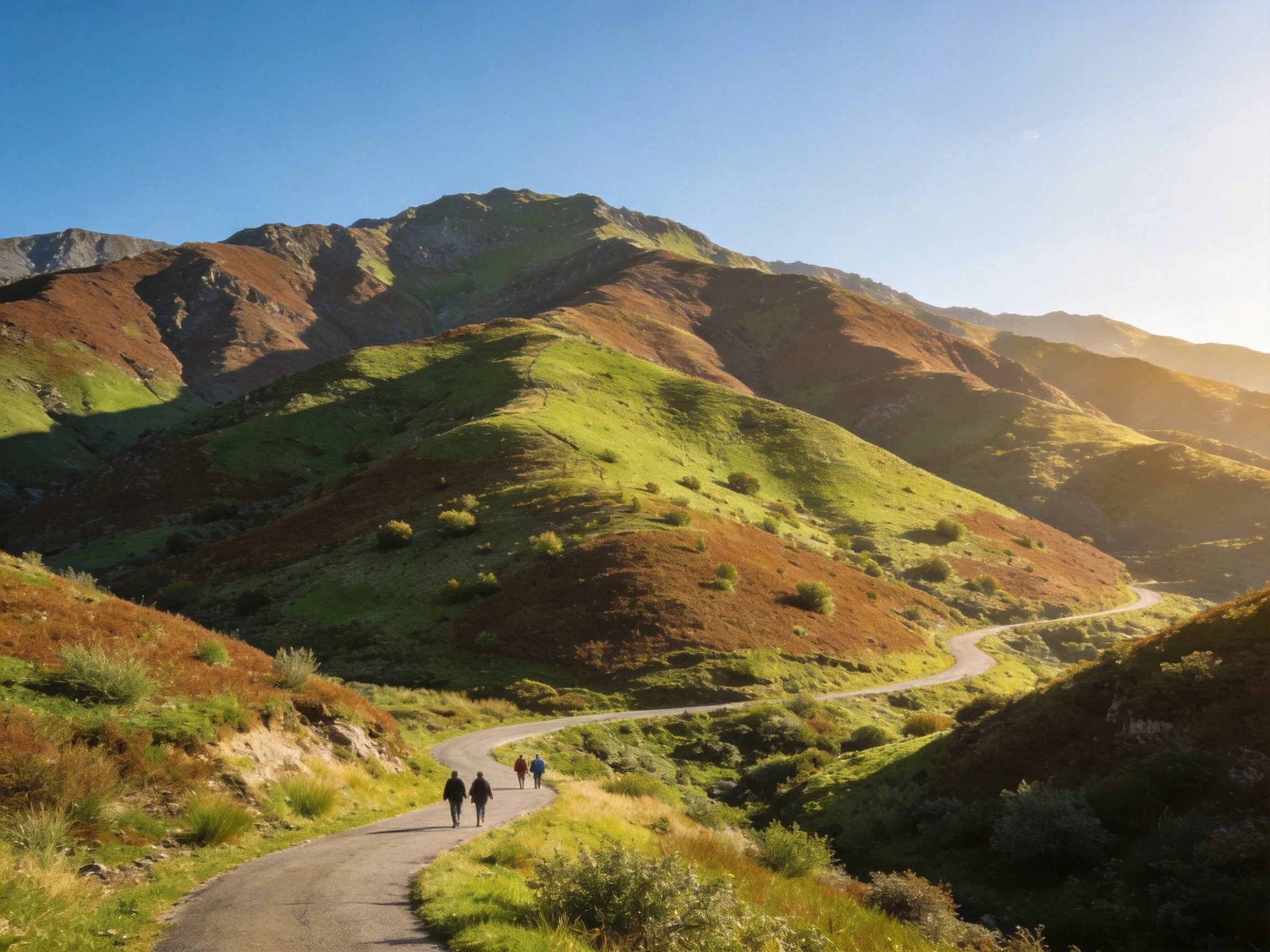 Winding road through multicolored rolling hills with hikers