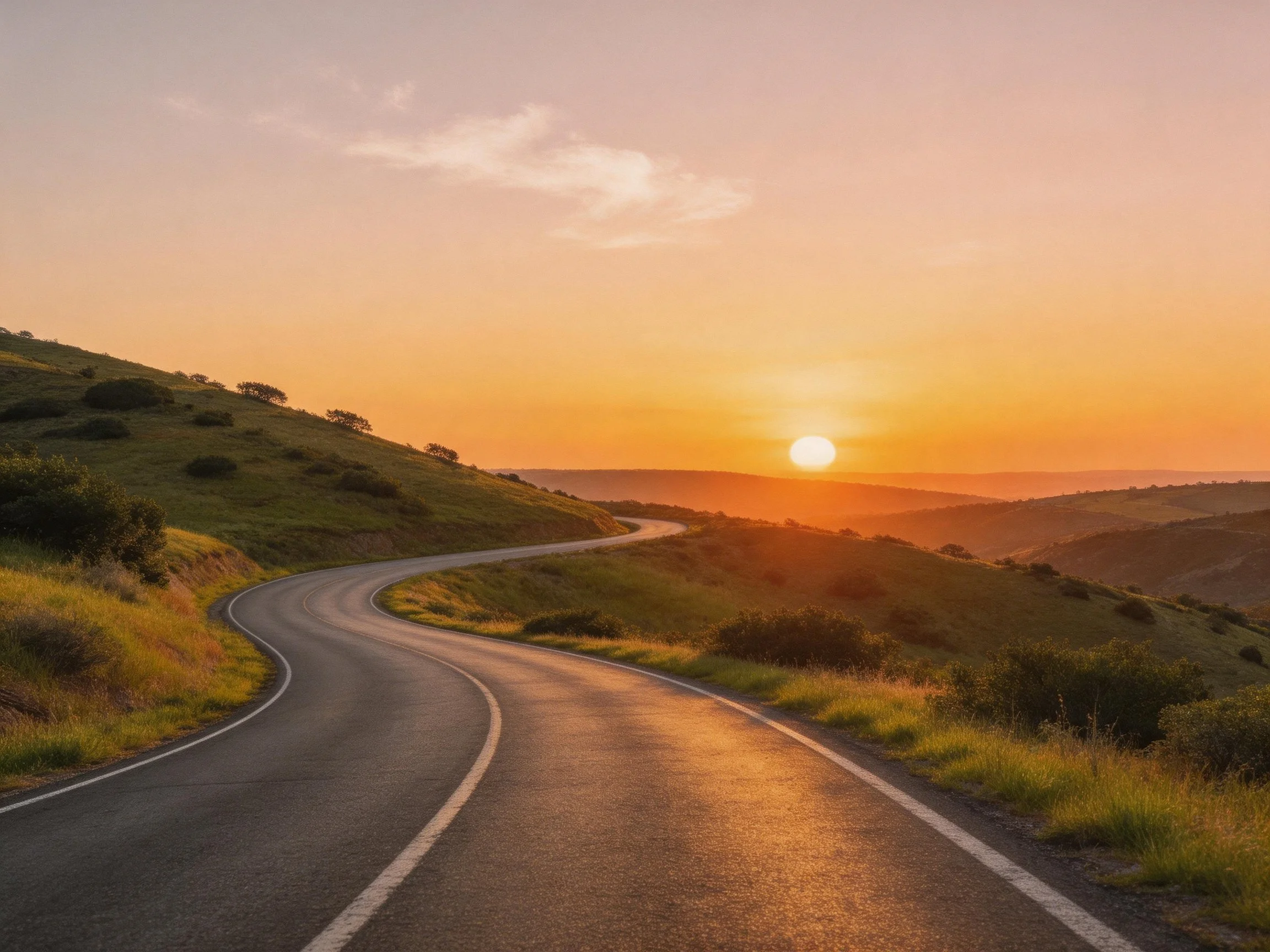 Winding road through rolling hills at golden sunset