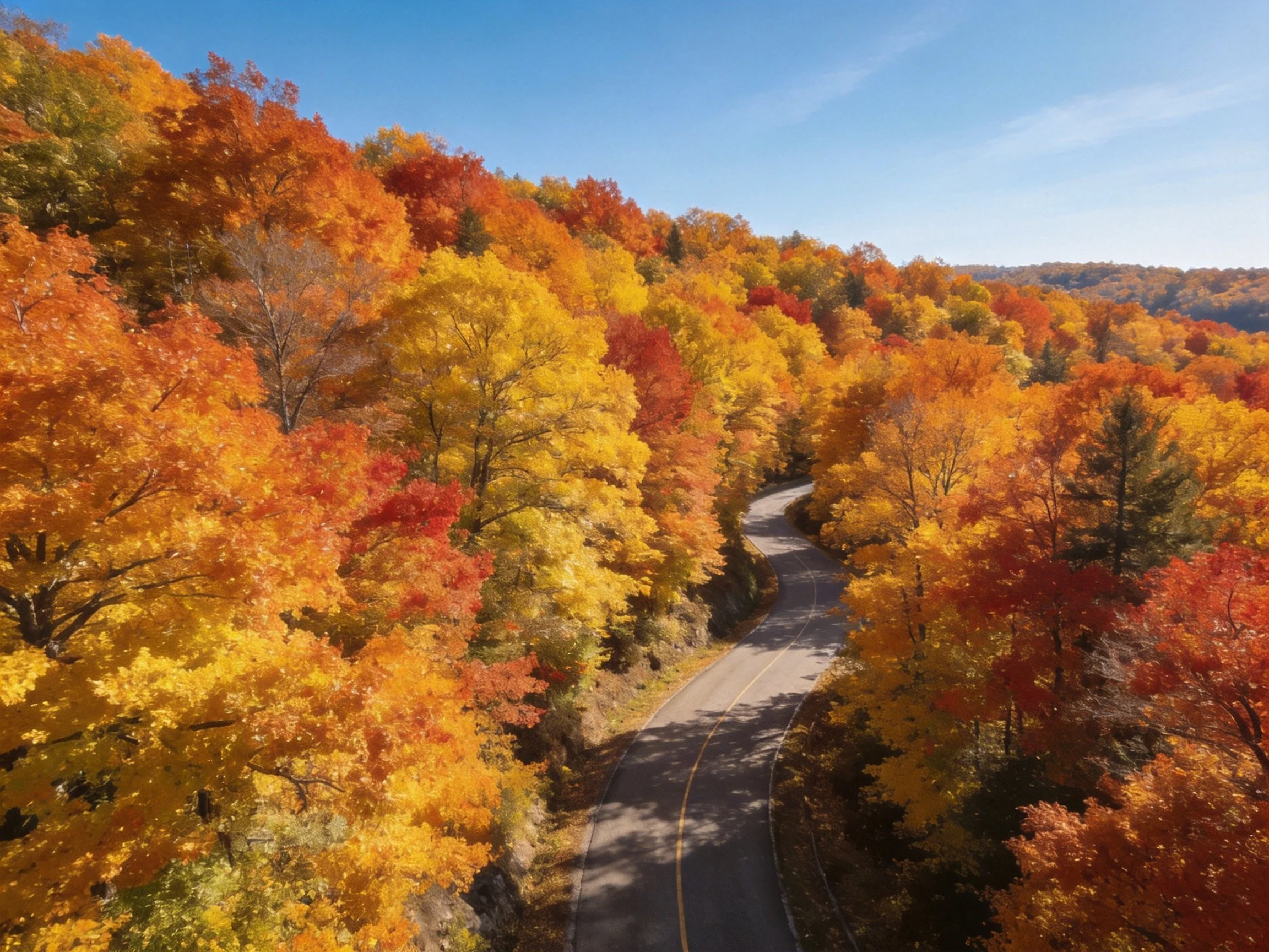 Winding road through vibrant autumn forest with colorful foliage