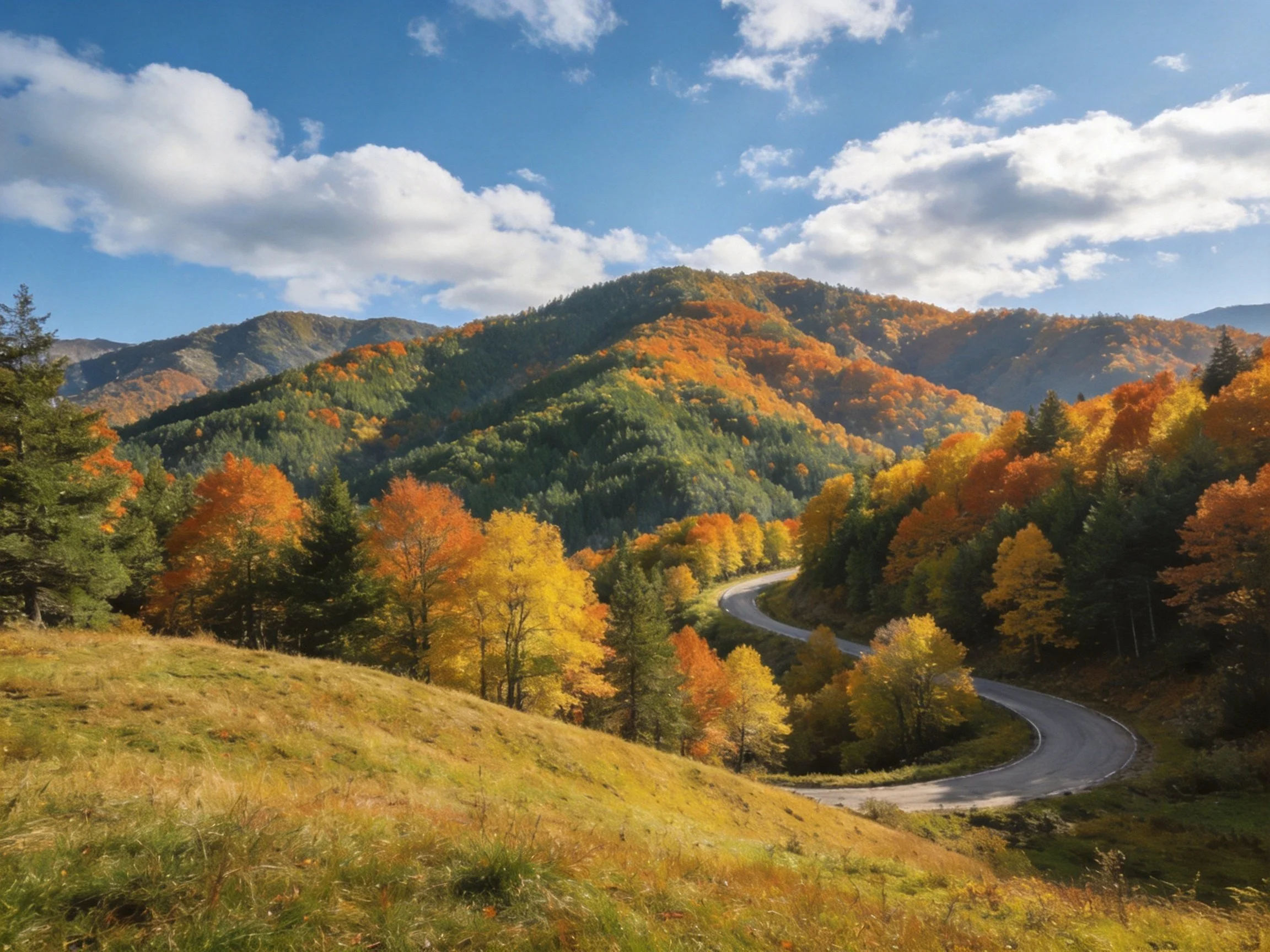 Winding road through vibrant autumn mountain scenery