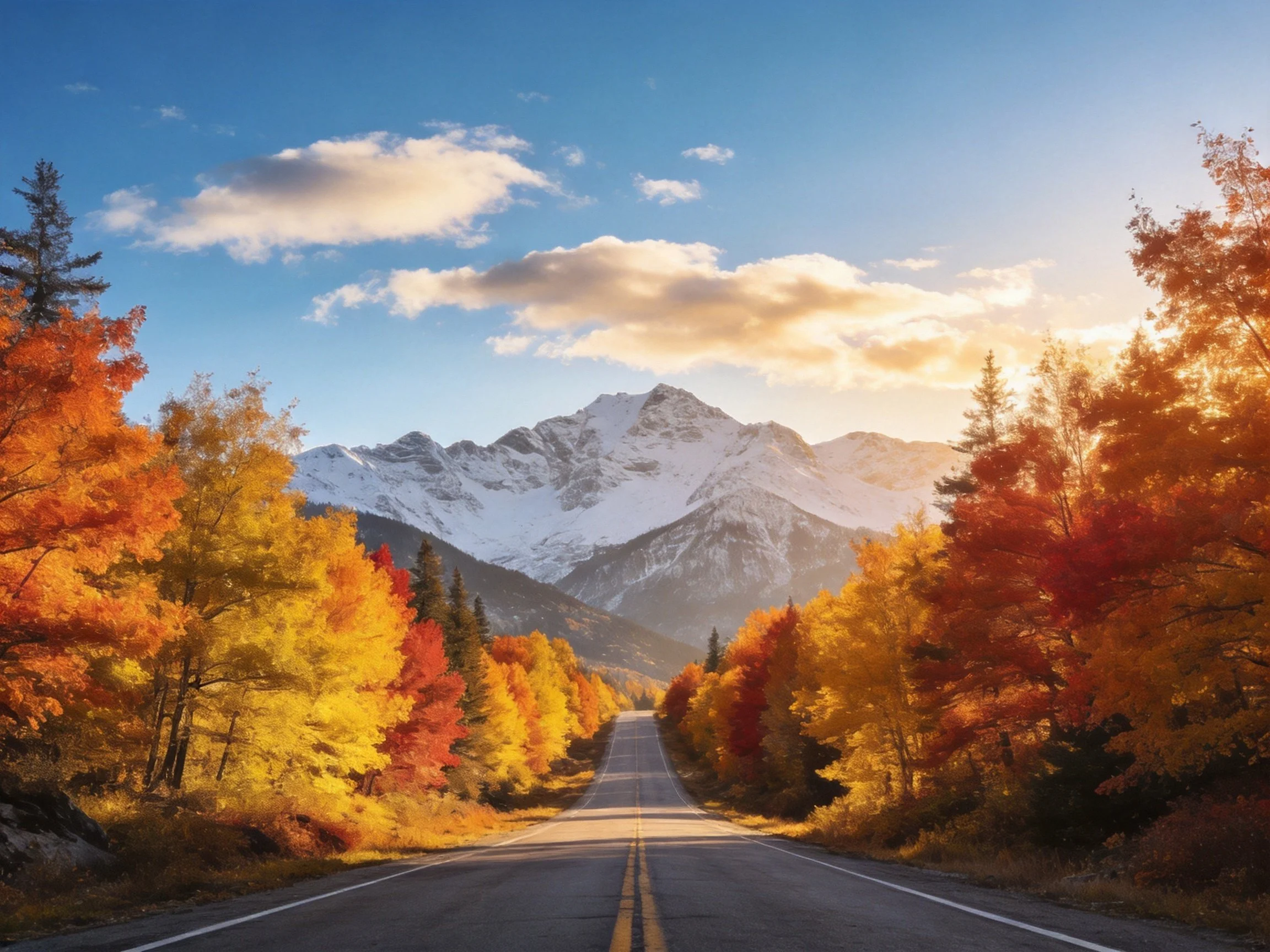 Winding road through vibrant autumn treestoward snow-capped mountains