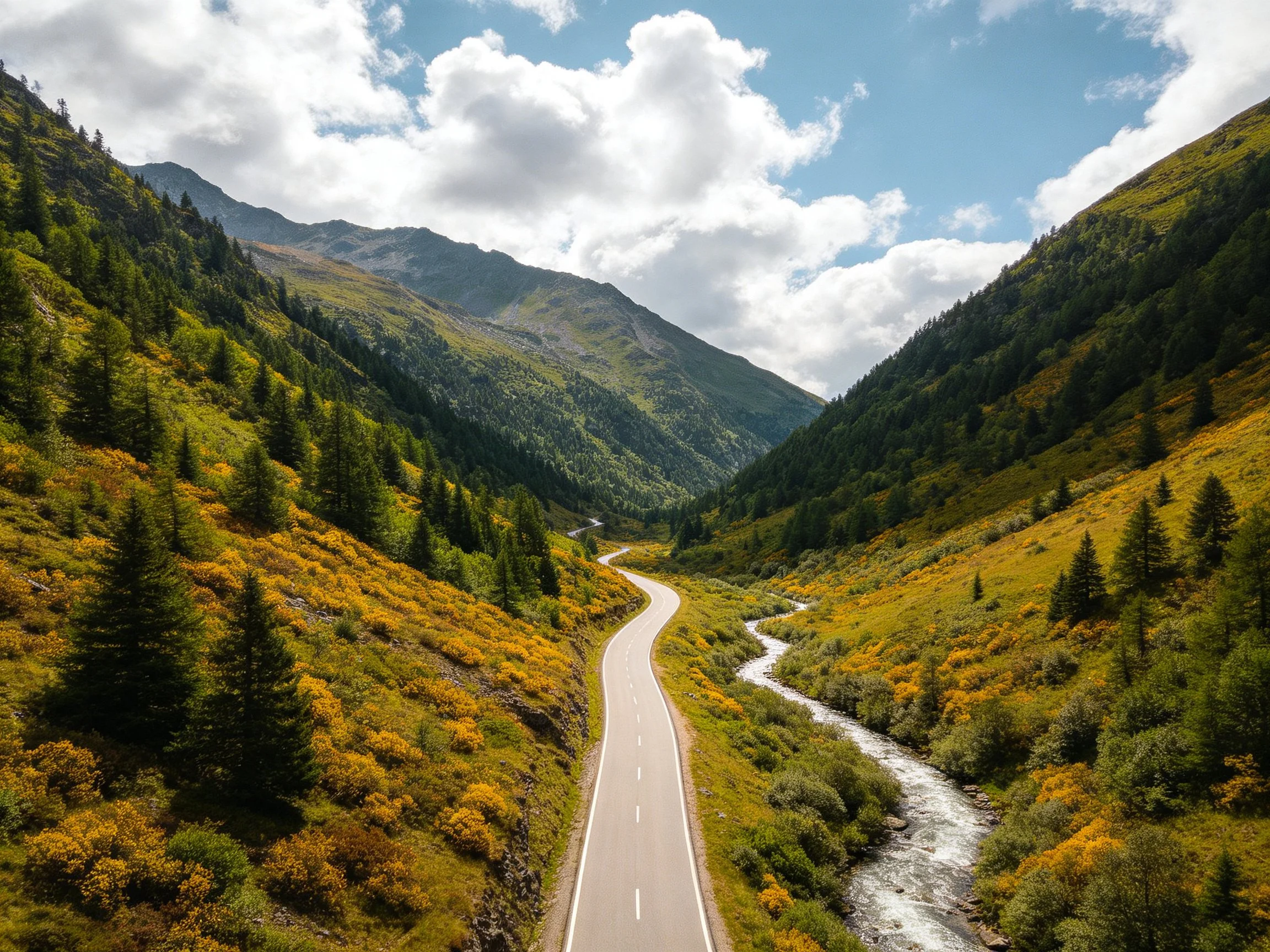 Winding road through vibrant green and golden mountain valleys