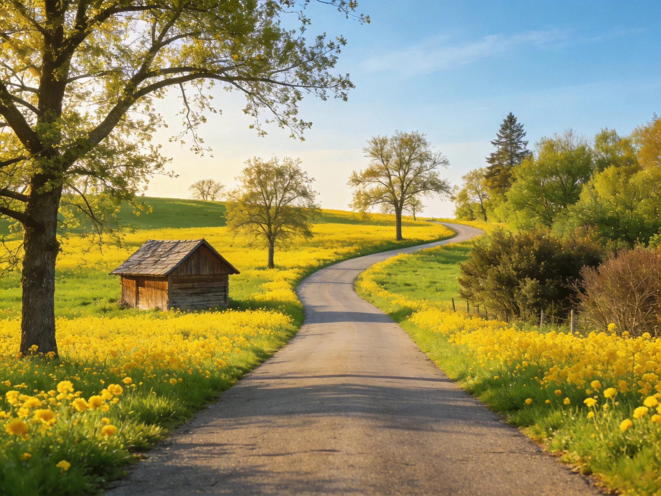 Winding road through vibrant yellow meadows with a rustic shed and tall trees