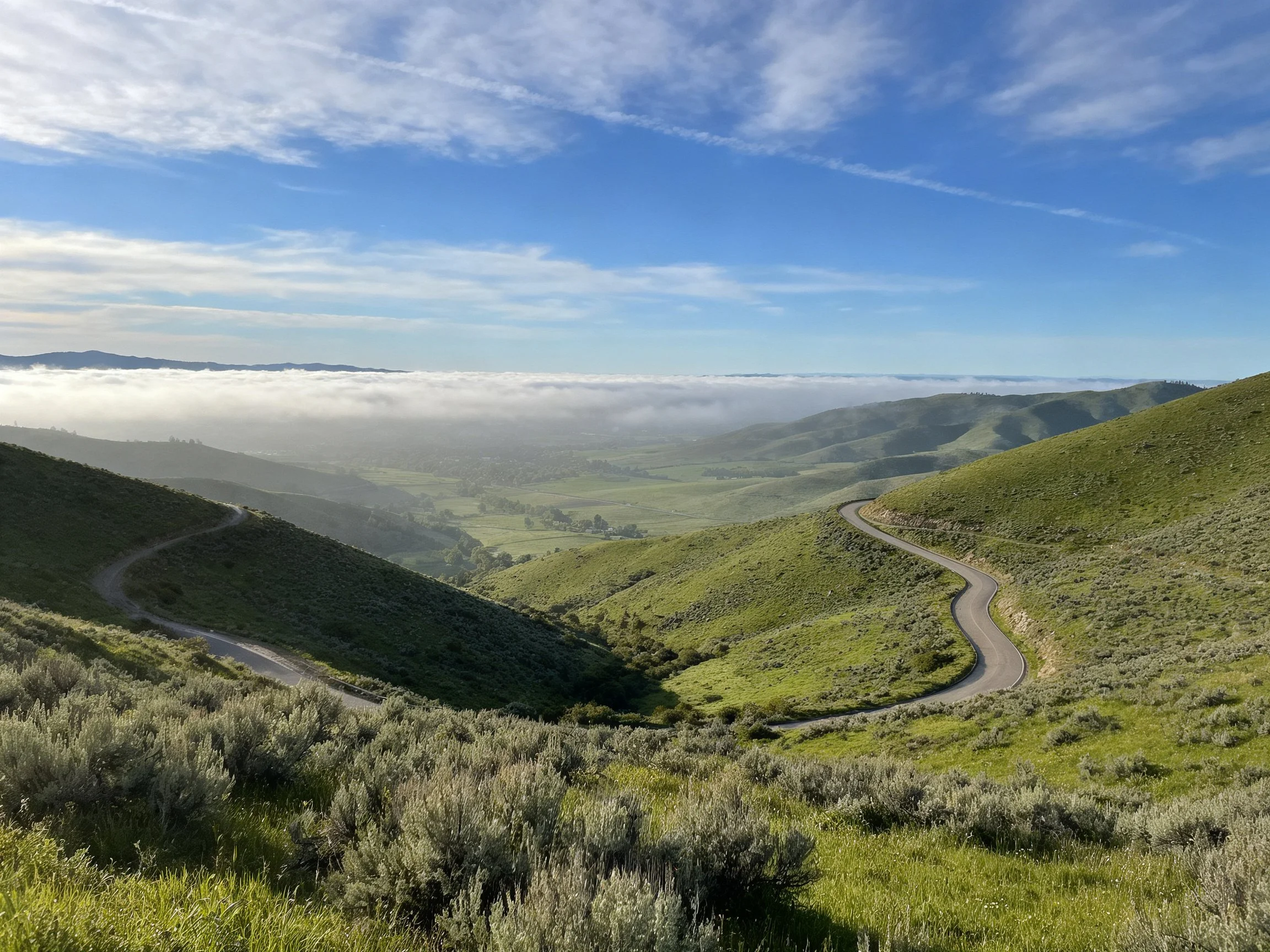 Winding roads through lush green hills with foggy valley below