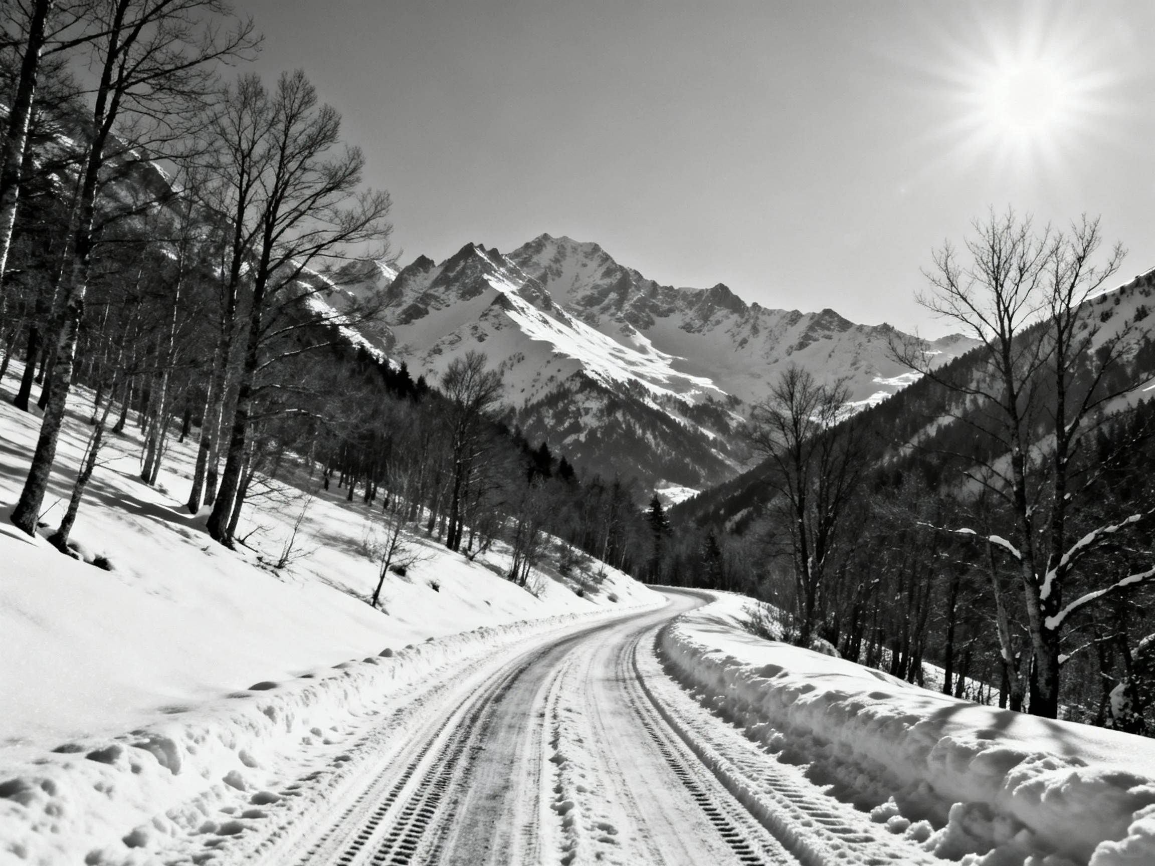 Winding snow-covered road through forested mountain valley
