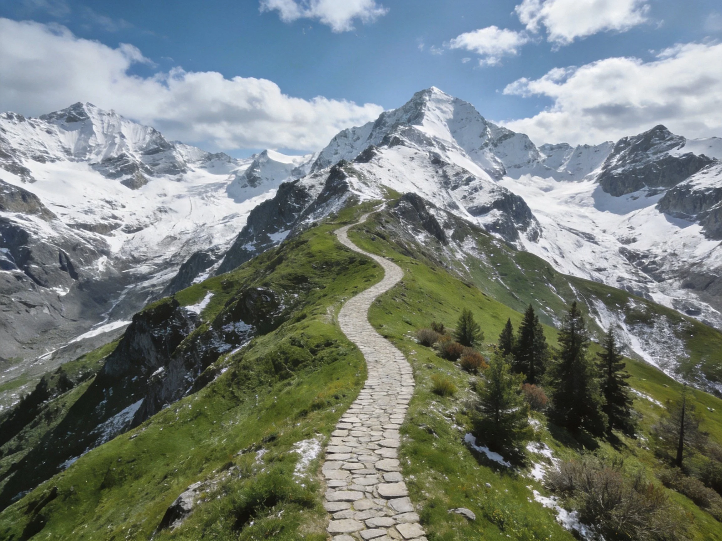 Winding stone path on green ridge near snow - capped mountains