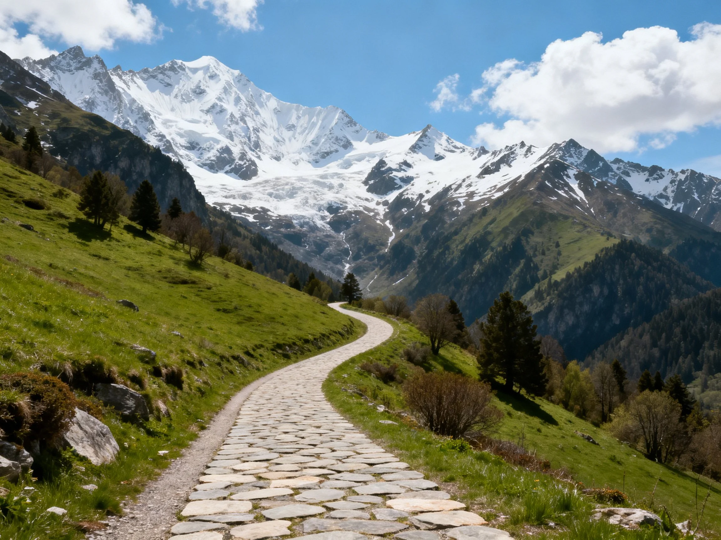 Winding stone path through lush meadow toward towering snow-capped peaks
