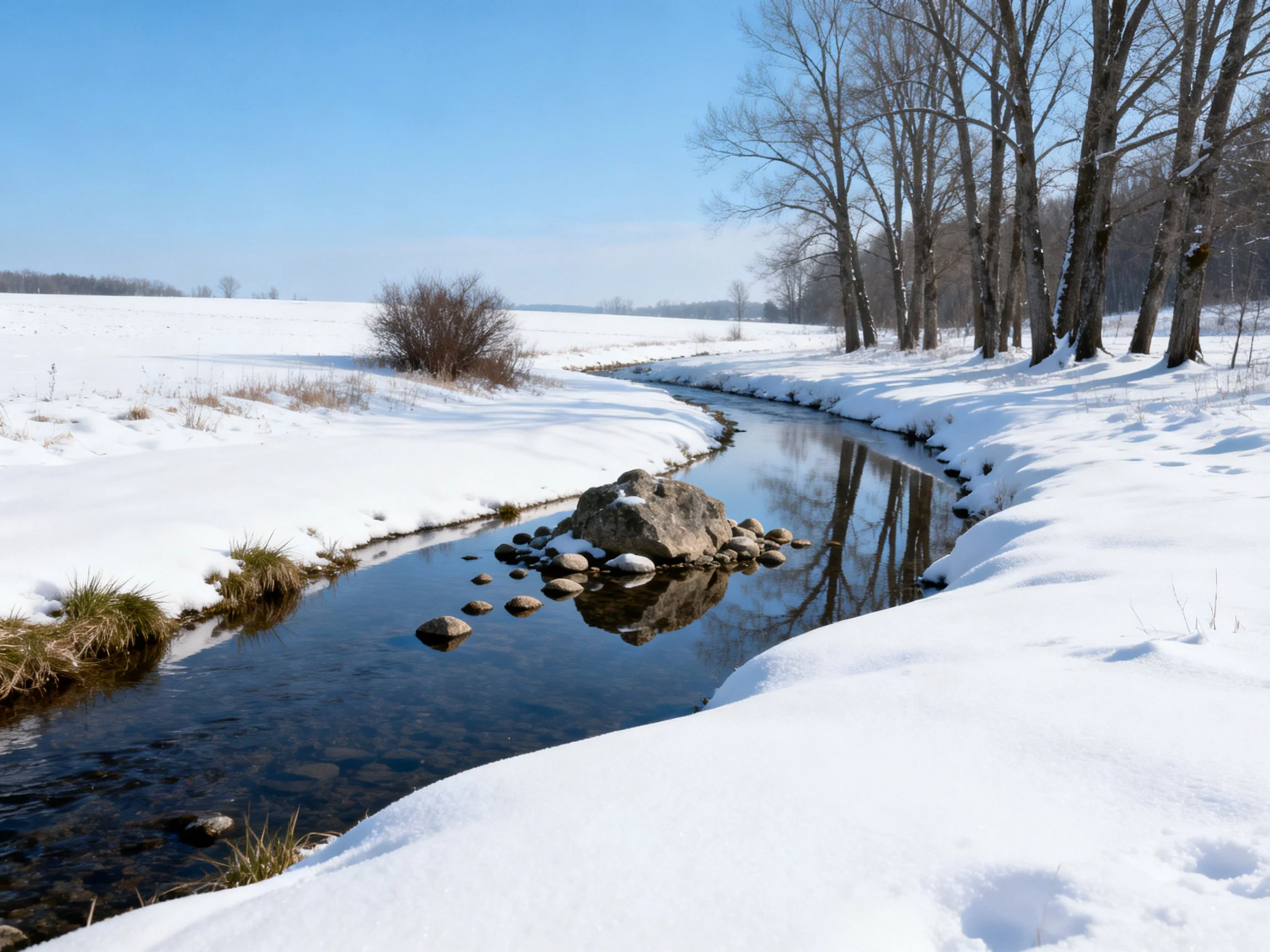 Winding stream winds through snowy fields near bare trees