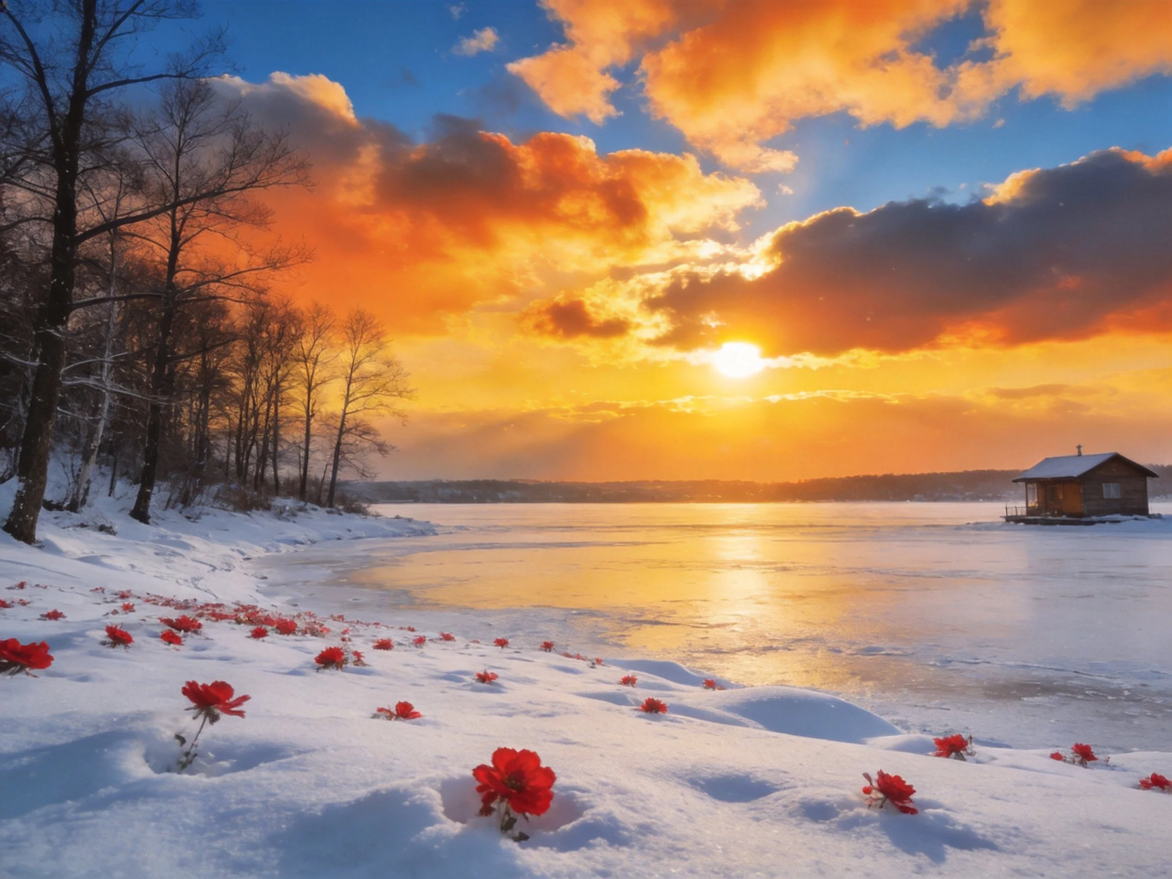 Winter Lakeside Sunset with Cabin and Red Flowers