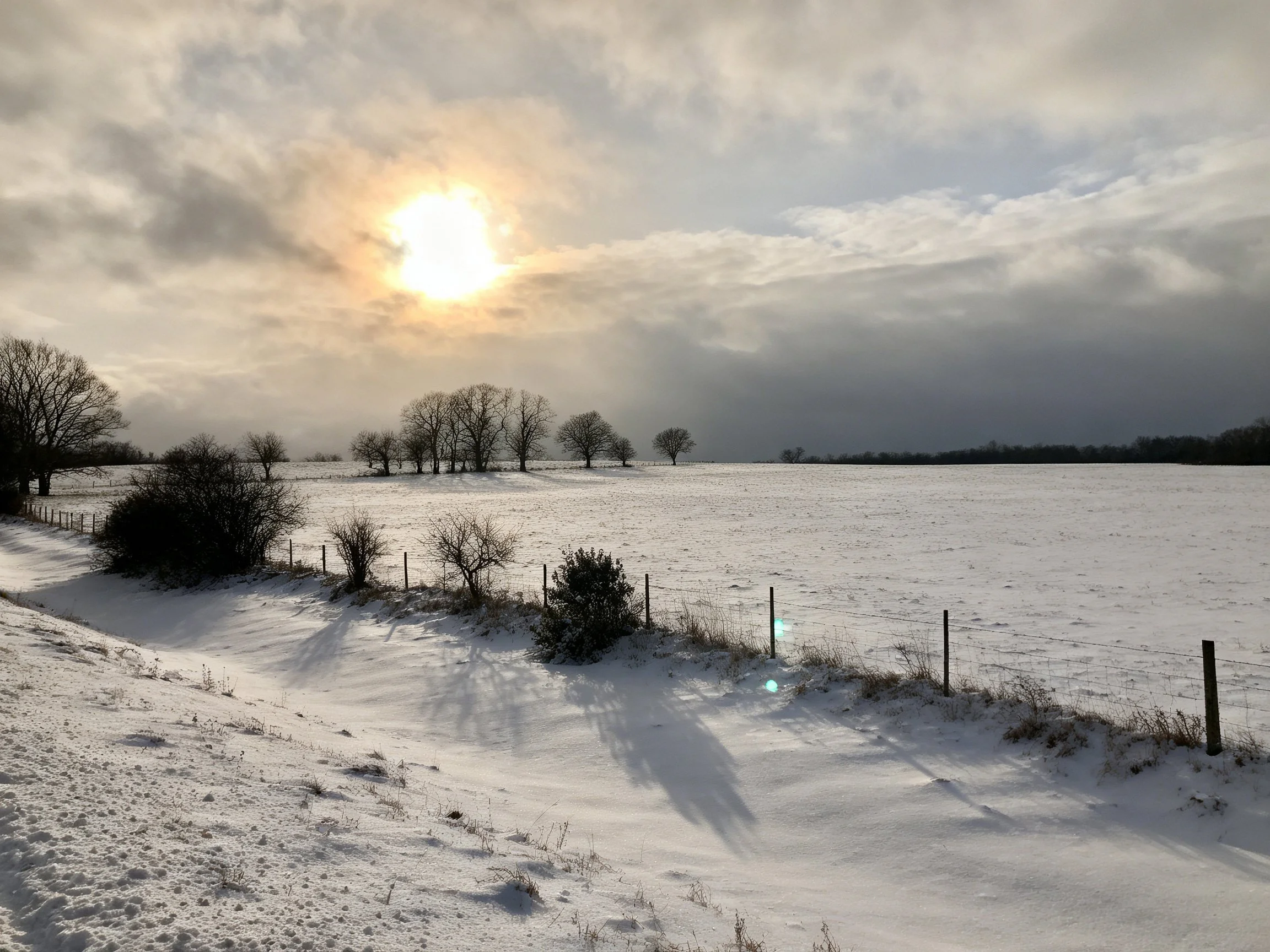 Winter Landscape with Snowy Fields, Fence, and Sun Behind Clouds
