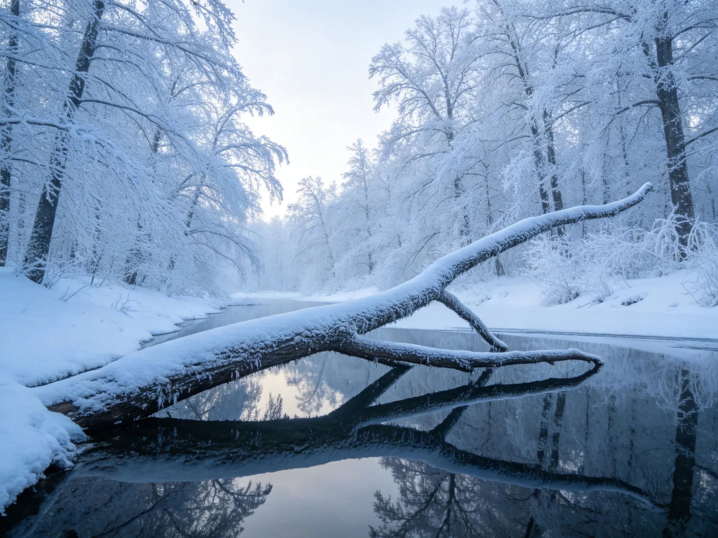 Winter forest with snow-covered fallen log over frozen stream