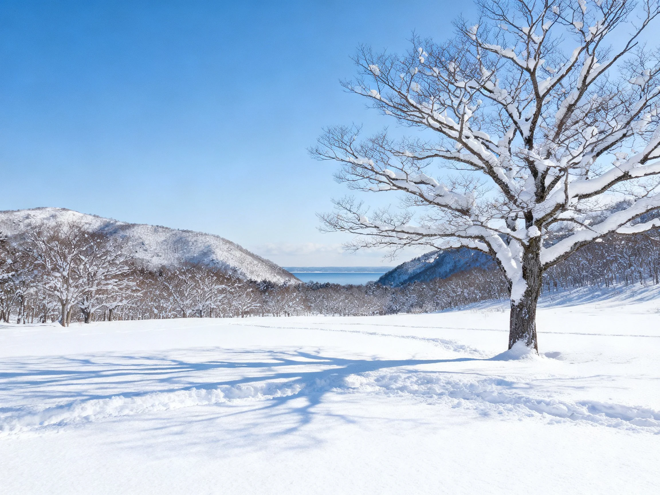Winter landscape with snow-covered trees and distant mountains