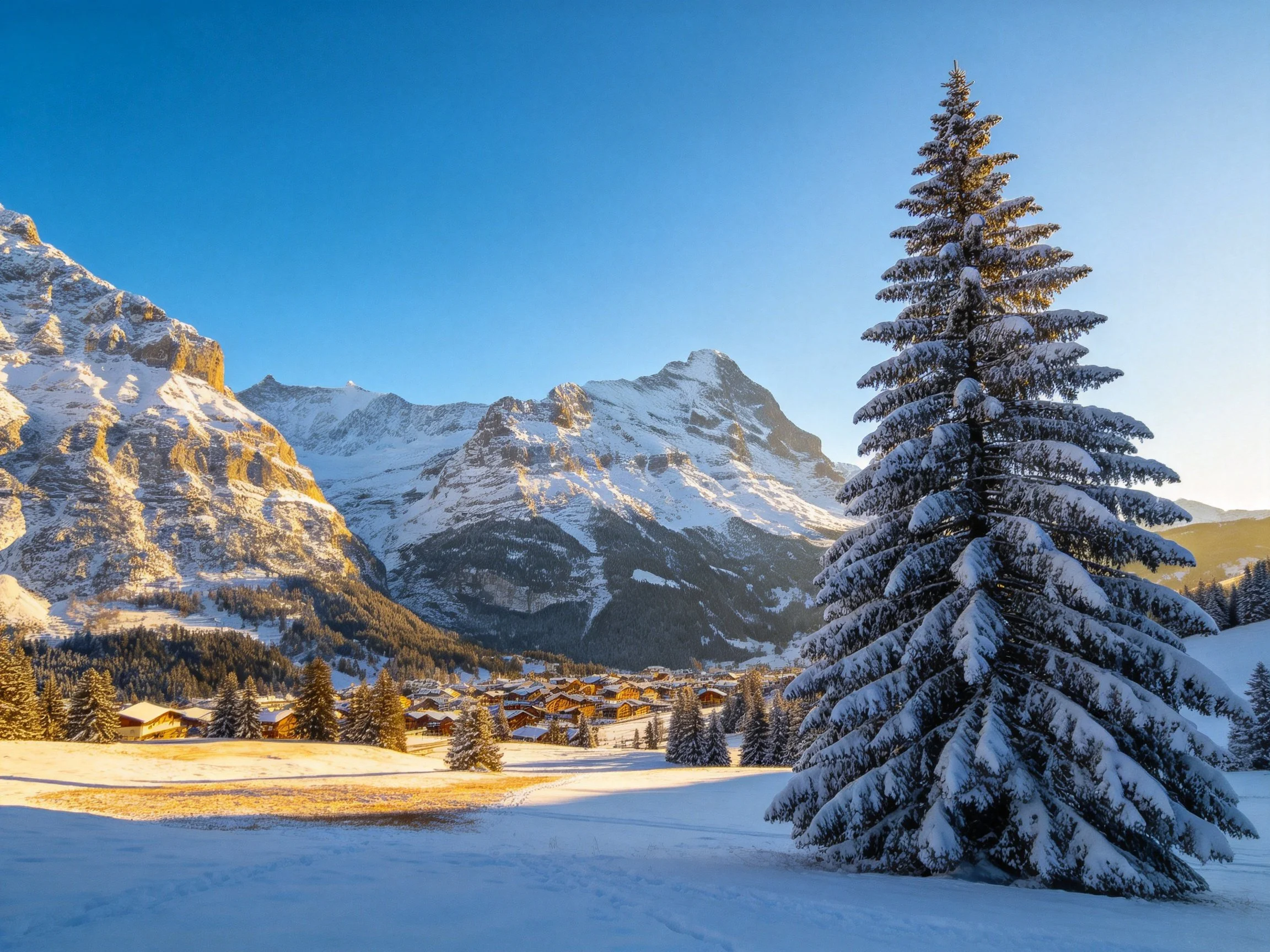Winter mountain valley with snow-capped peaks and frosty pine trees