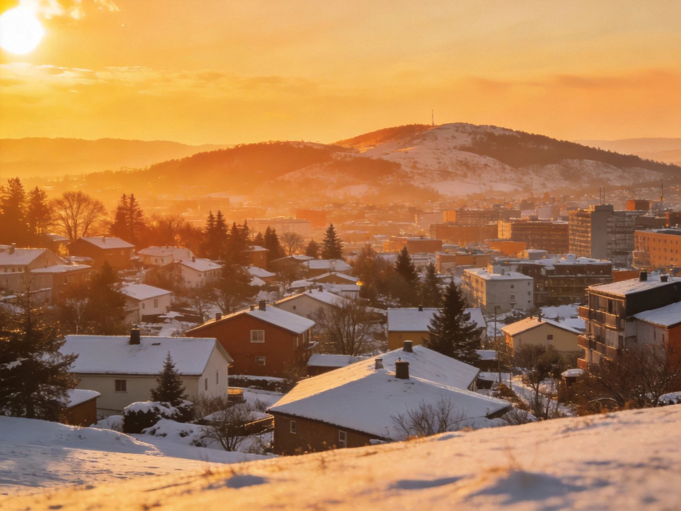 Winter sunset illuminates snow-covered suburban homes and mountain backdrop
