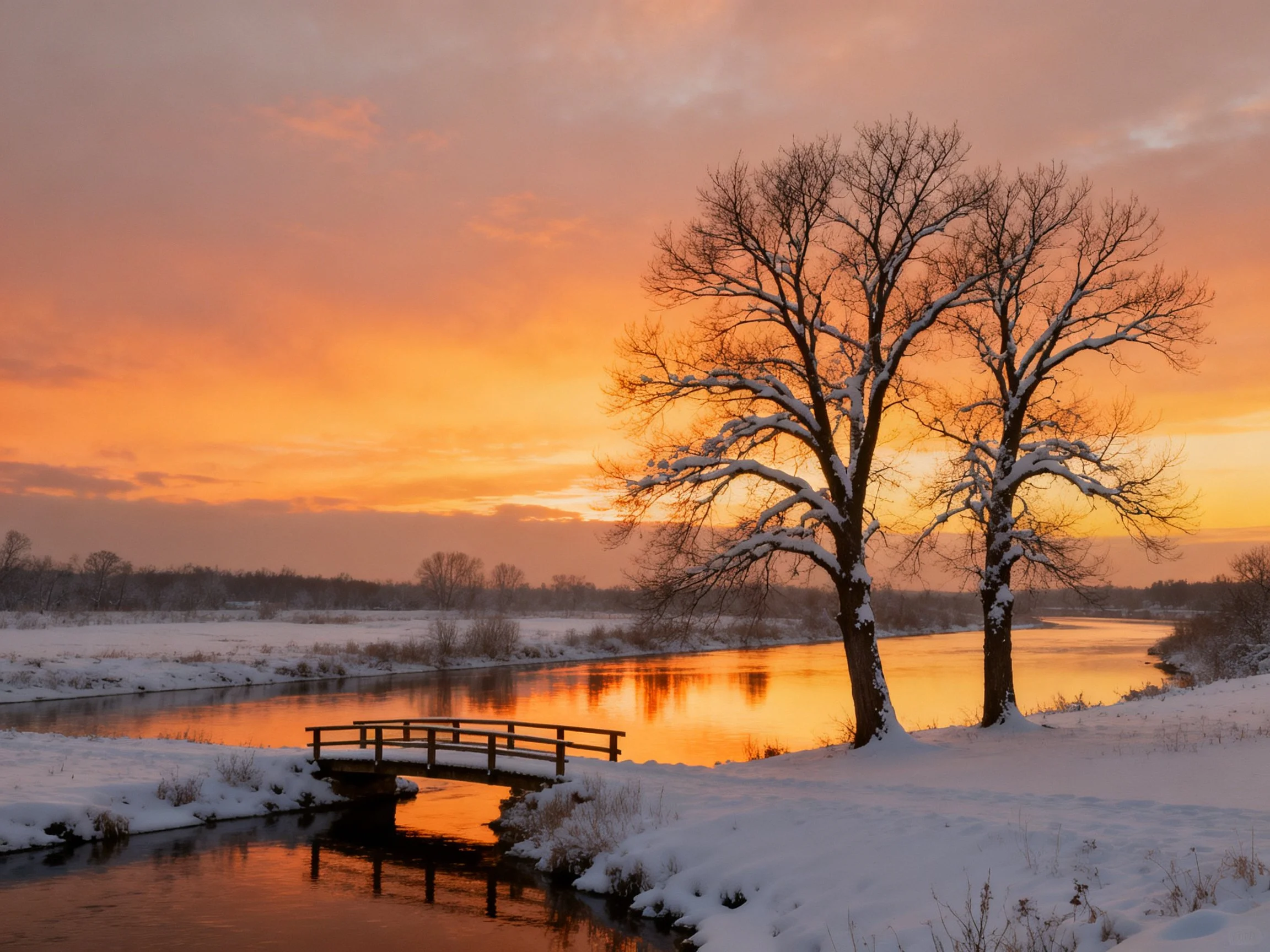 Winter sunset over snow-covered trees and wooden bridge