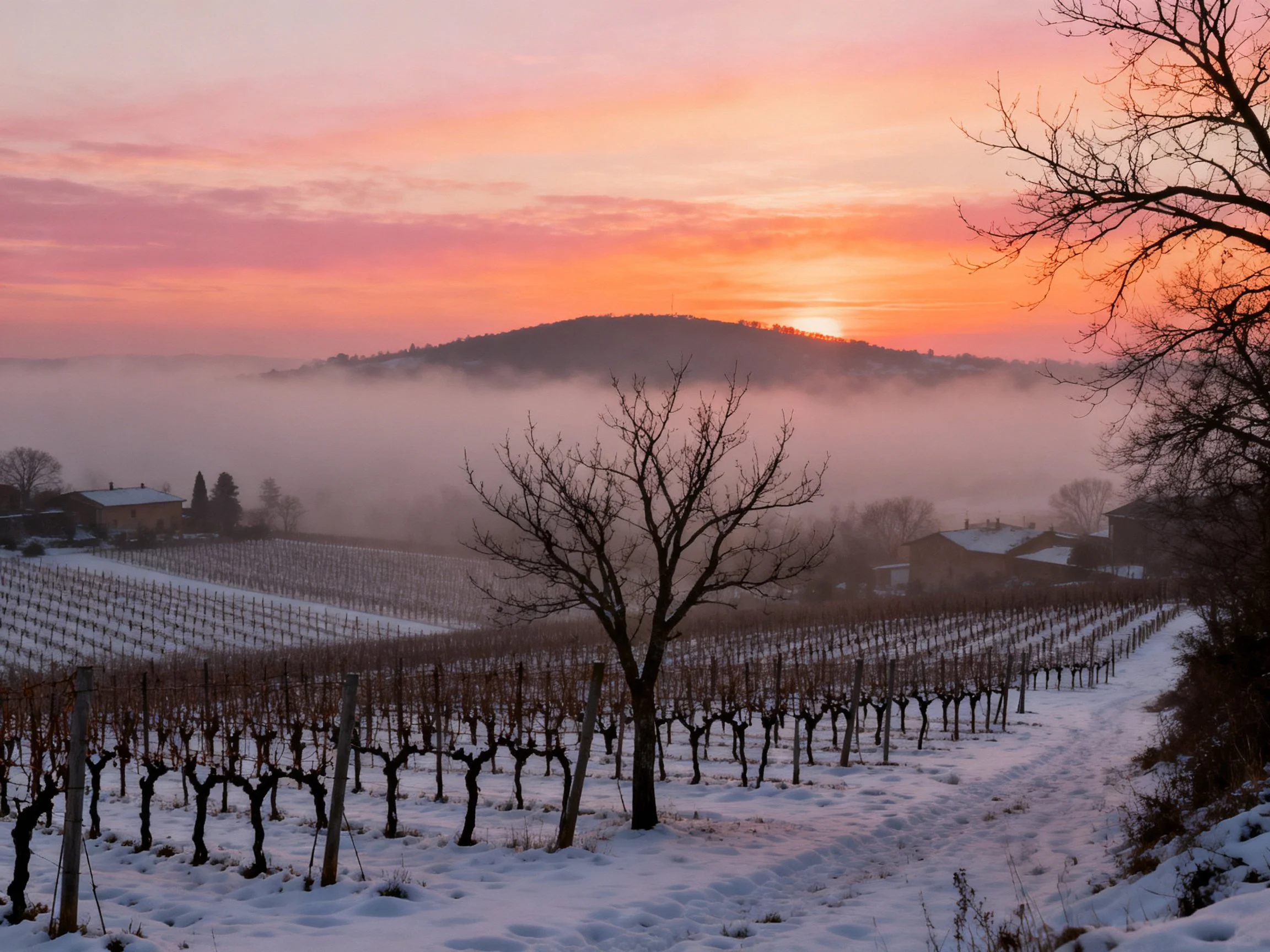 Winter vineyard sunrise with pink-orange sky and snowy landscape