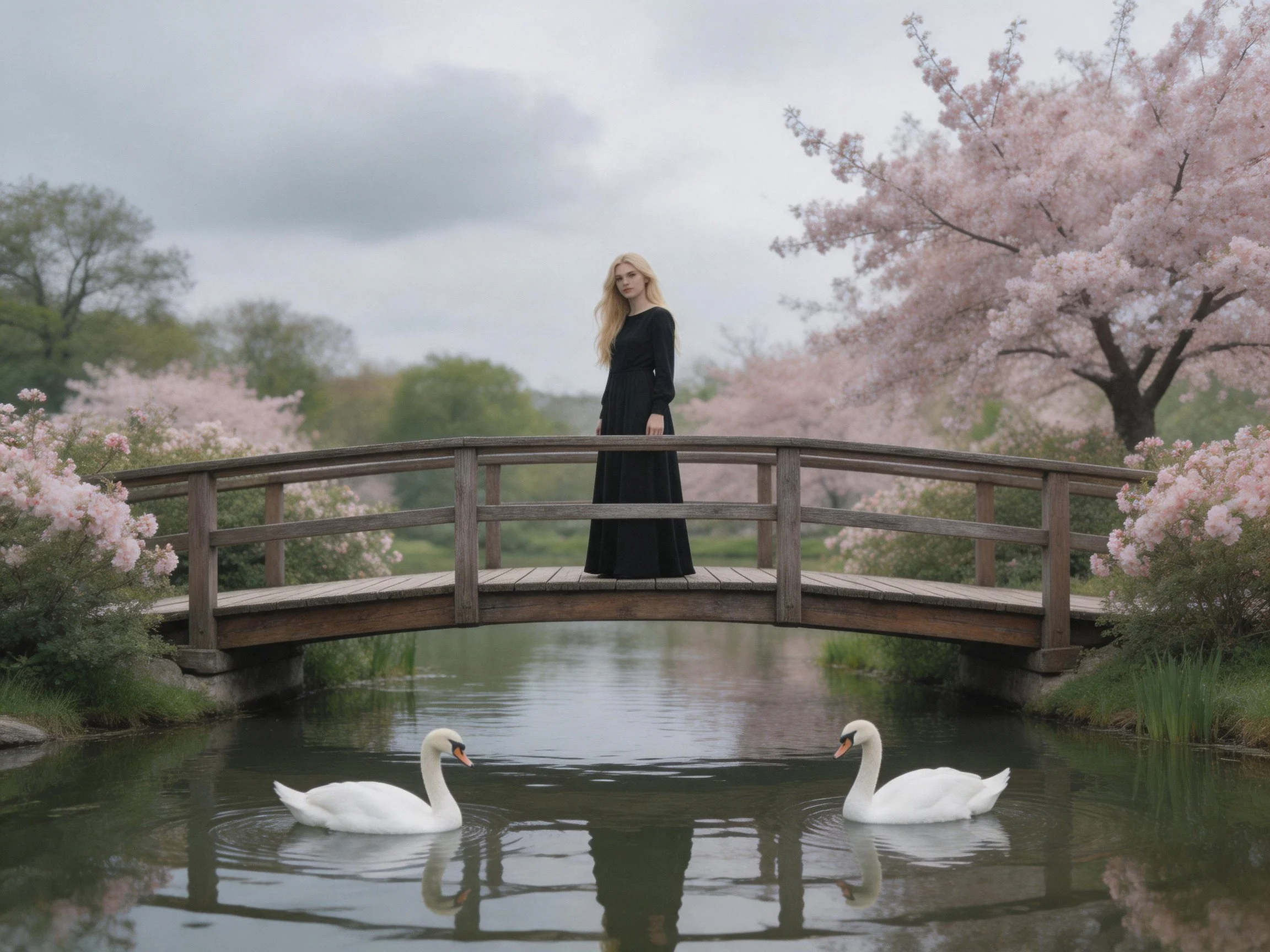 Woman in black on wooden bridge over pond with two swans, pink blossoms around