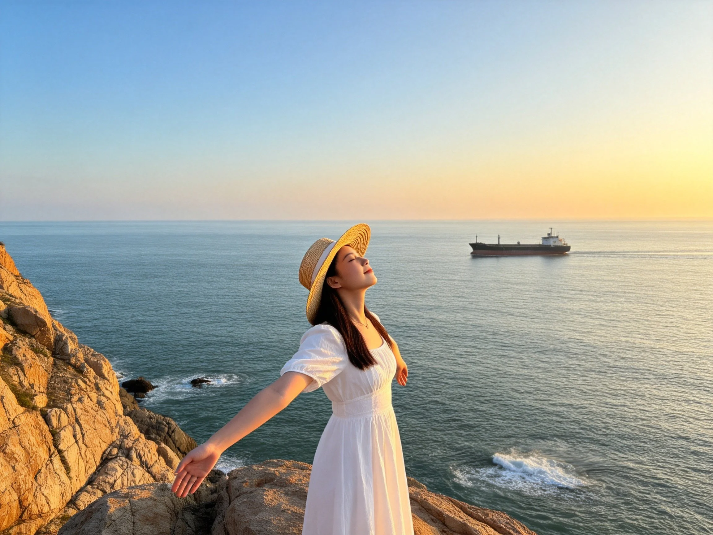 Woman in white dress on rocky coast with cargo ship at sunset