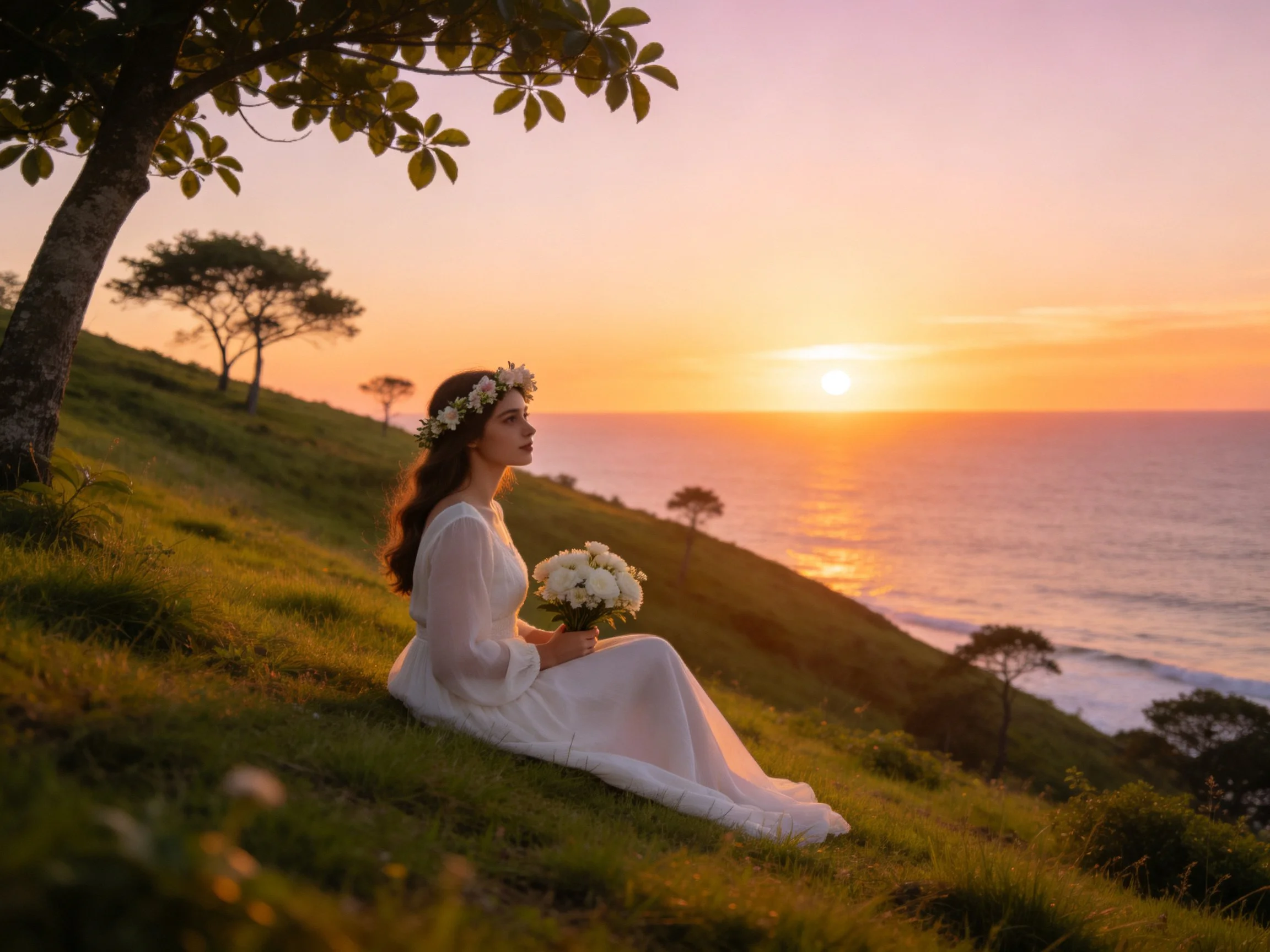 Woman in white dress sits on grassy hill by ocean at sunset